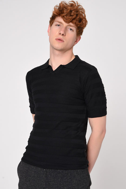 Antioch Siyah Şeritli Polo Yaka Desenli Triko T-Shirt