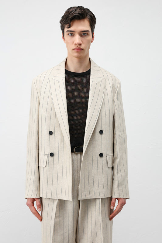 Antioch Keten Karışımlı Çizgili Erkek Blazer Ceket
