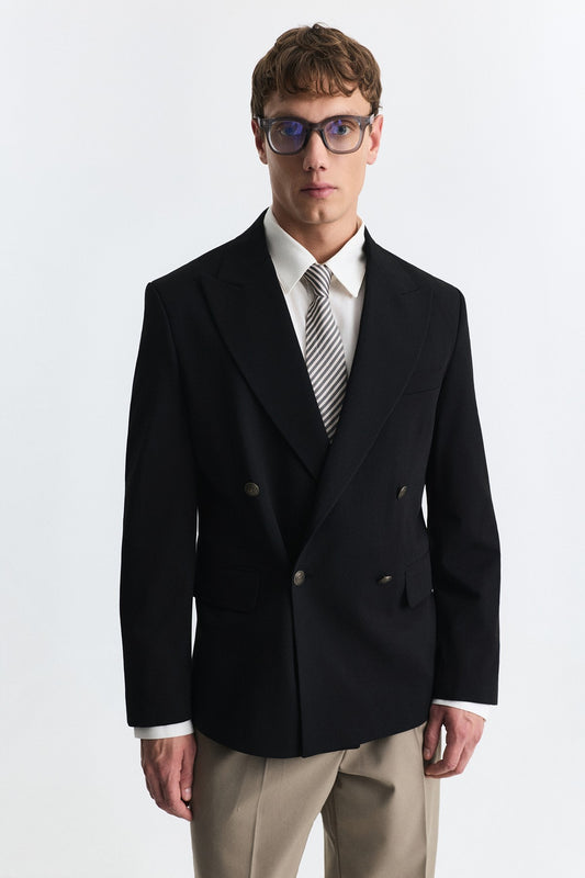 Yün Karışımlı Kruvaze Blazer Ceket