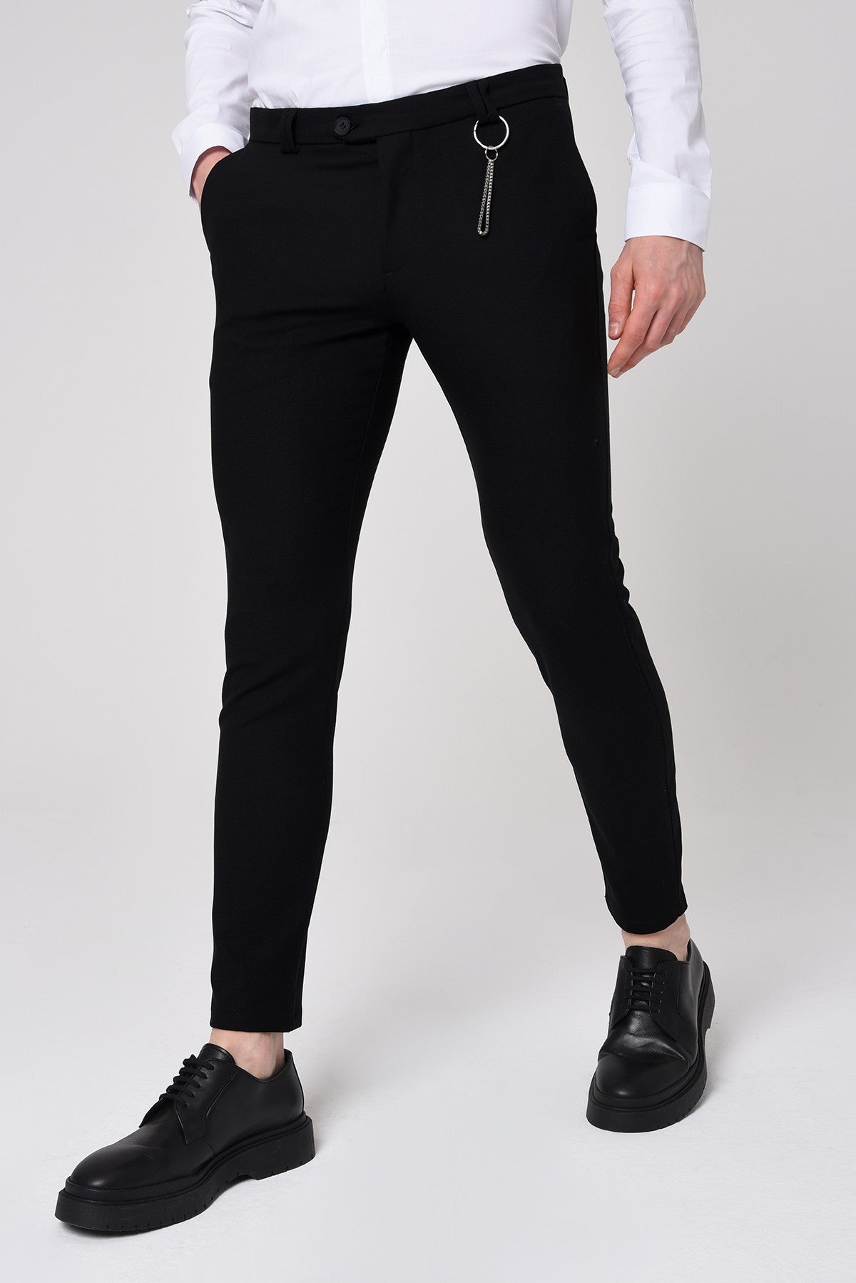 Antioch Siyah Erkek Slim Fit Düz Aksesuarlı Kumaş Pantolon