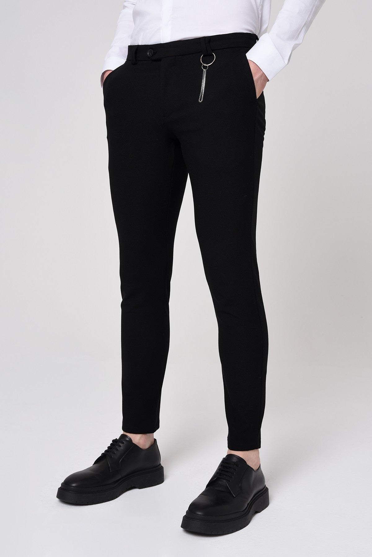 Antioch Siyah Erkek Slim Fit Düz Aksesuarlı Kumaş Pantolon