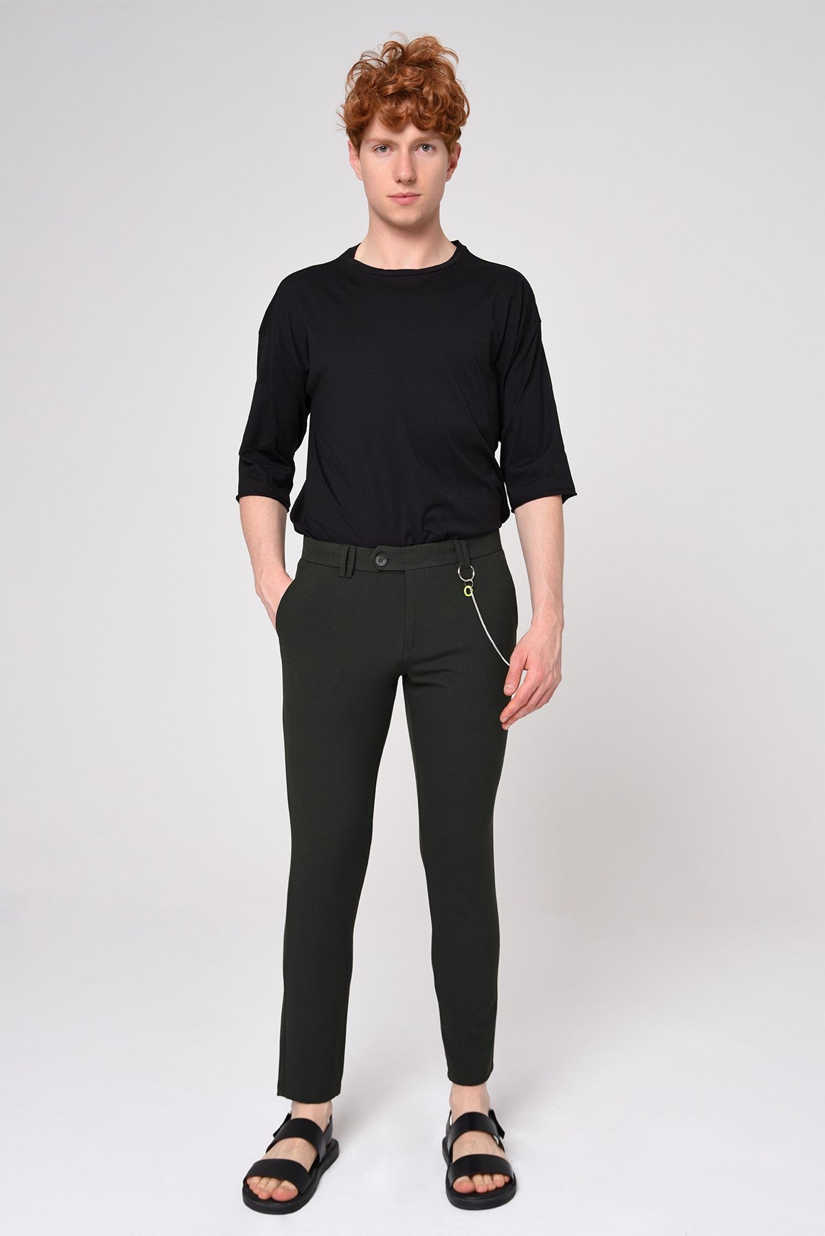 Antioch Siyah Erkek Slim Fit Düz Aksesuarlı Kumaş Pantolon