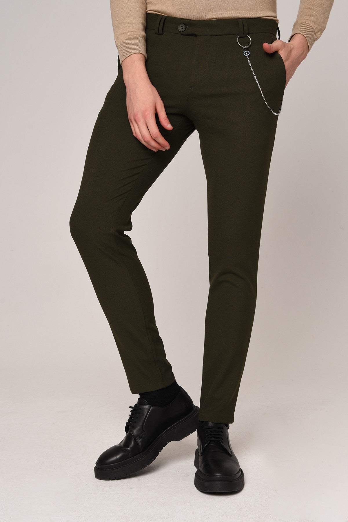 Antioch Siyah Erkek Slim Fit Düz Aksesuarlı Kumaş Pantolon