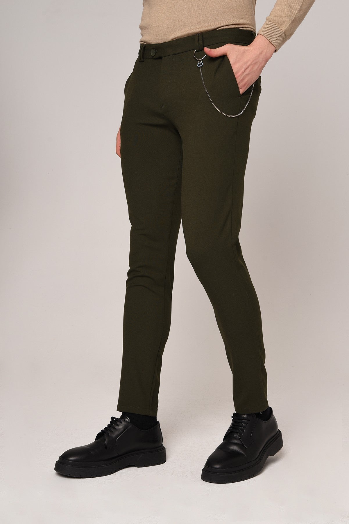 Antioch Siyah Erkek Slim Fit Düz Aksesuarlı Kumaş Pantolon