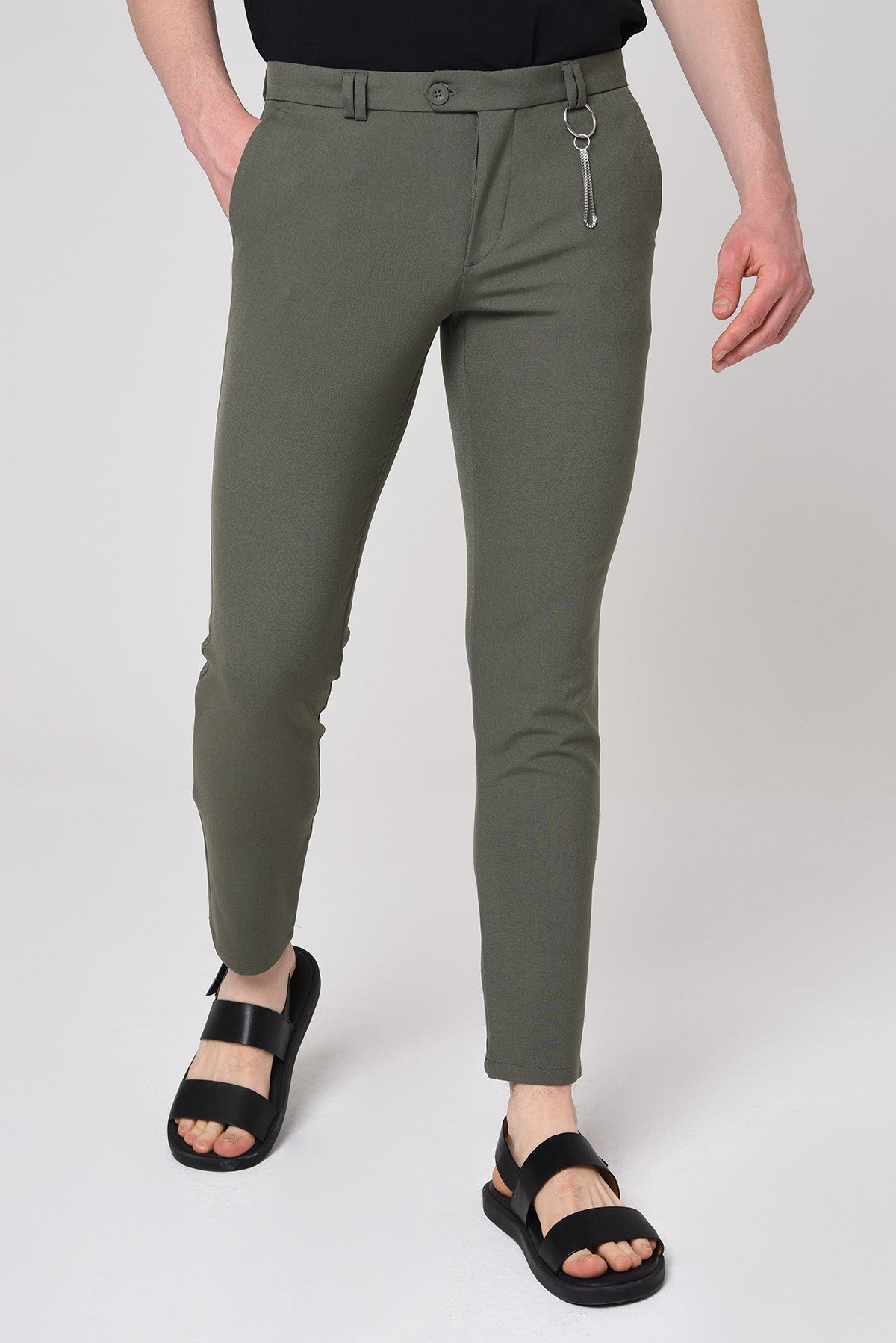 Antioch Siyah Erkek Slim Fit Düz Aksesuarlı Kumaş Pantolon