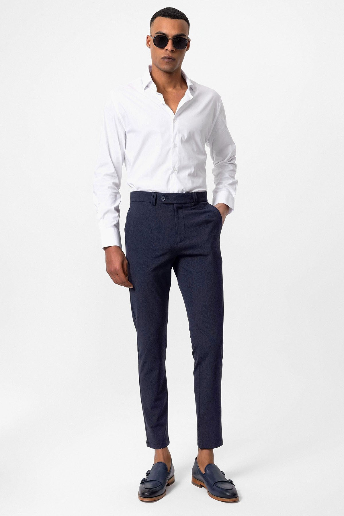 Antioch Siyah Erkek Slim Fit Düz Aksesuarlı Kumaş Pantolon