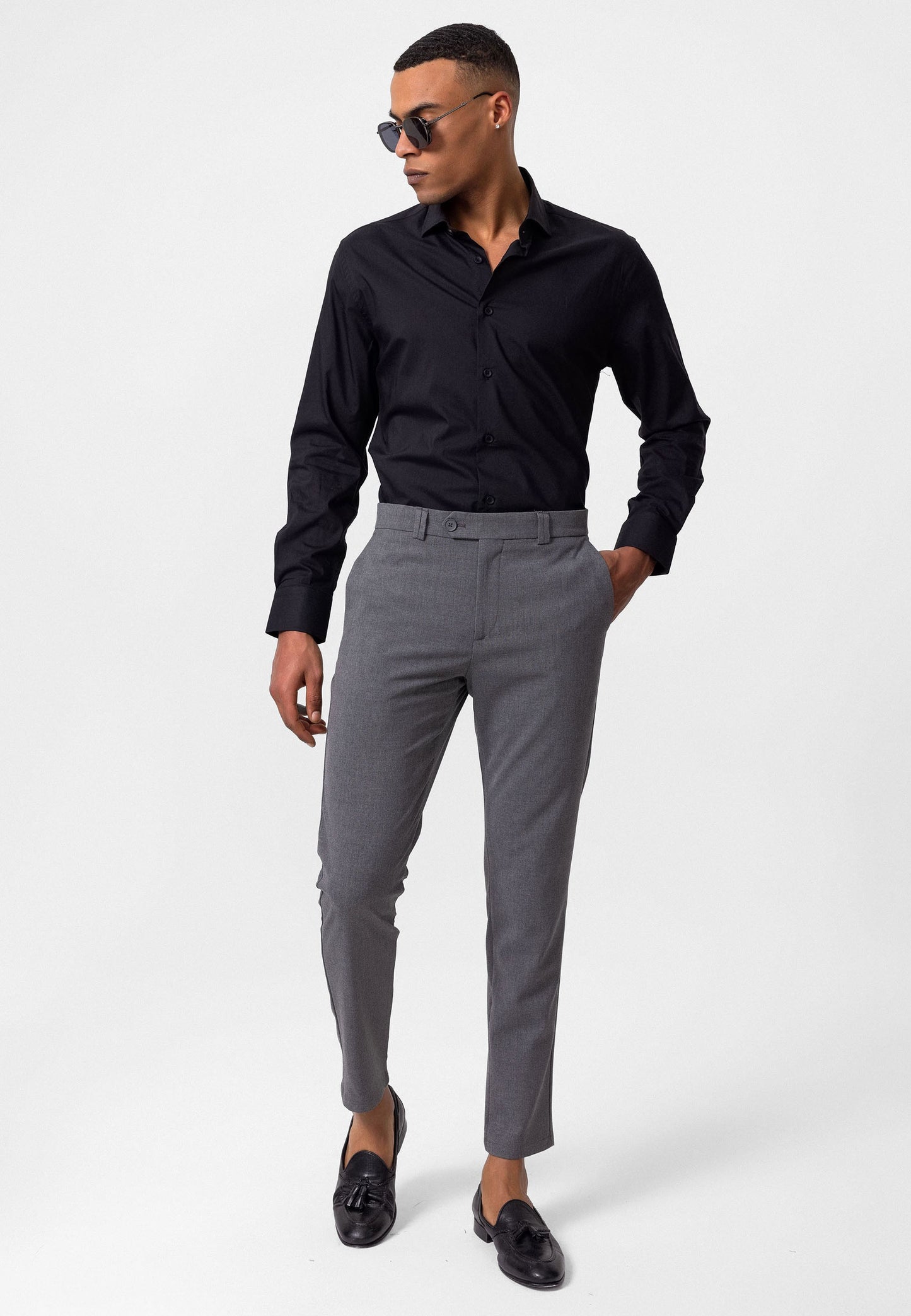 Antioch Siyah Erkek Slim Fit Düz Aksesuarlı Kumaş Pantolon