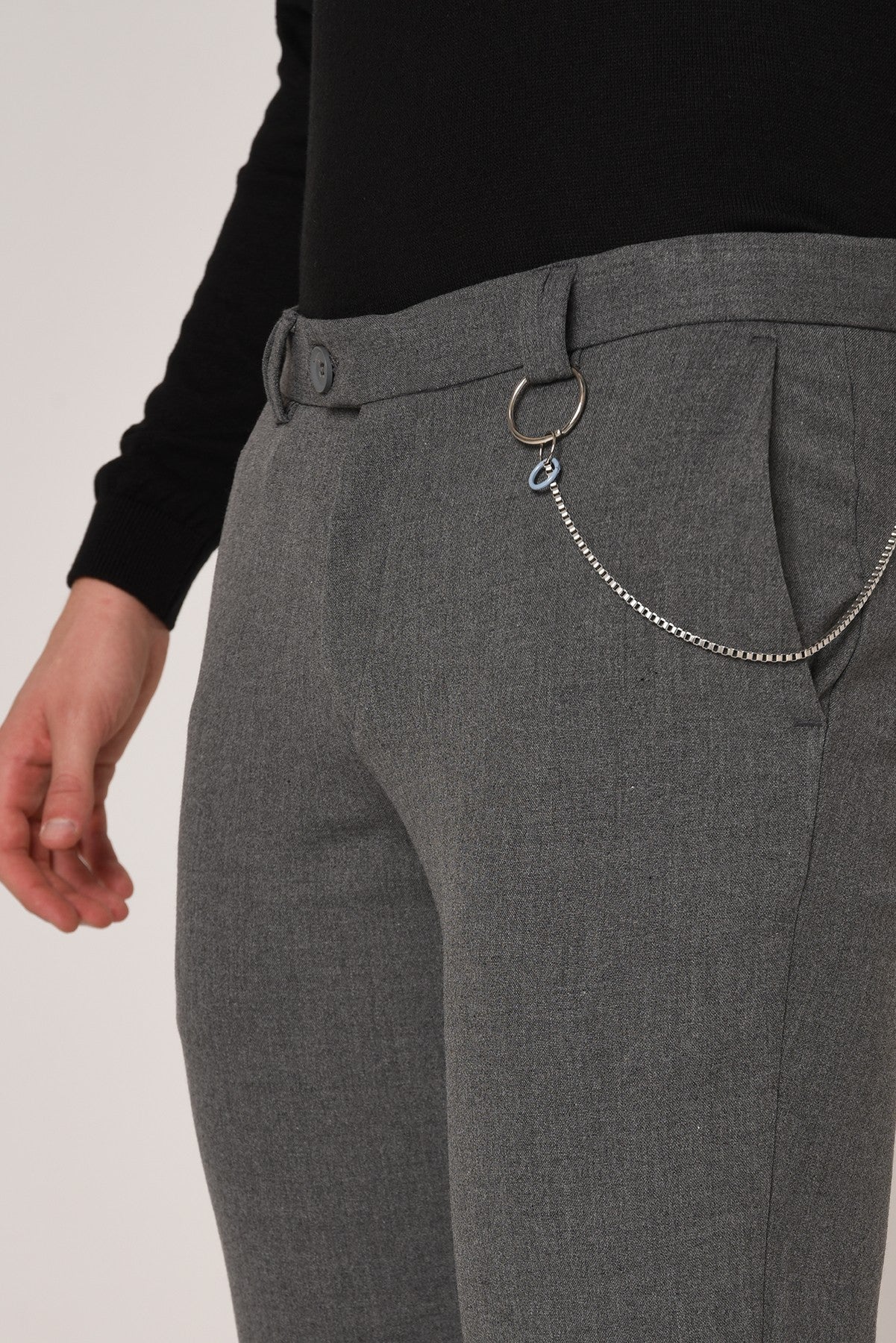 Antioch Siyah Erkek Slim Fit Düz Aksesuarlı Kumaş Pantolon