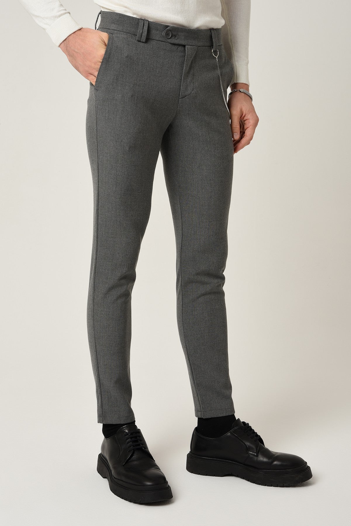 Antioch Siyah Erkek Slim Fit Düz Aksesuarlı Kumaş Pantolon