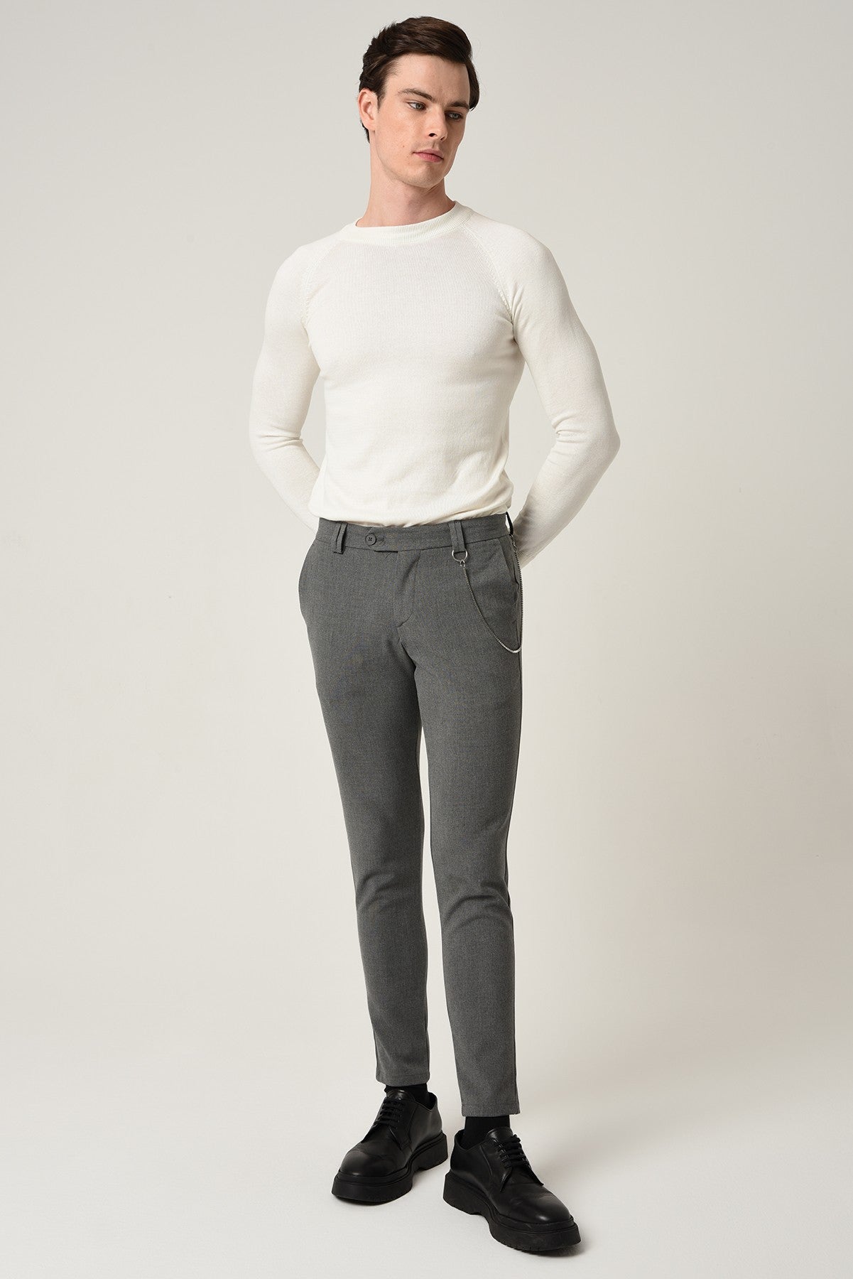 Antioch Siyah Erkek Slim Fit Düz Aksesuarlı Kumaş Pantolon