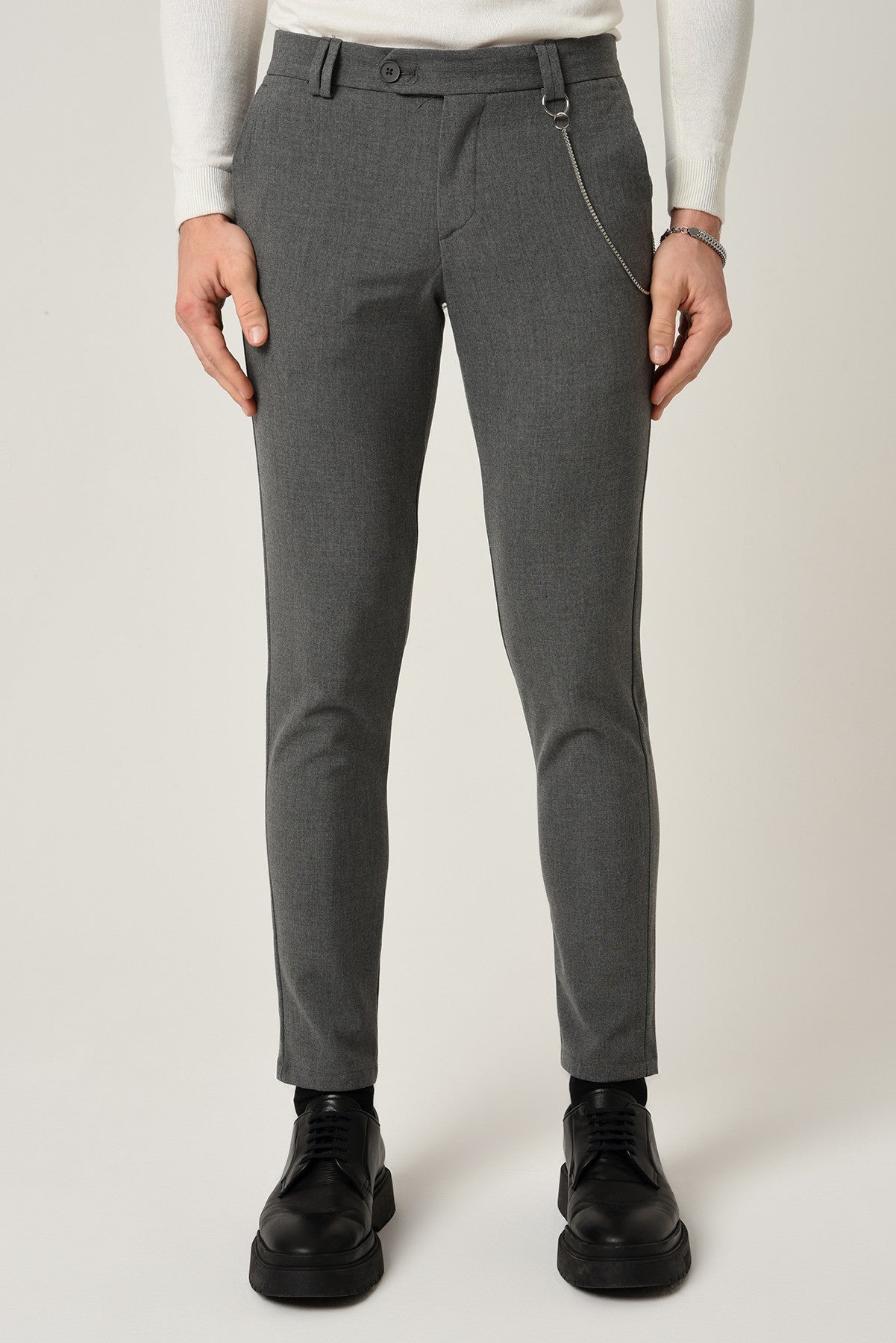 Antioch Siyah Erkek Slim Fit Düz Aksesuarlı Kumaş Pantolon