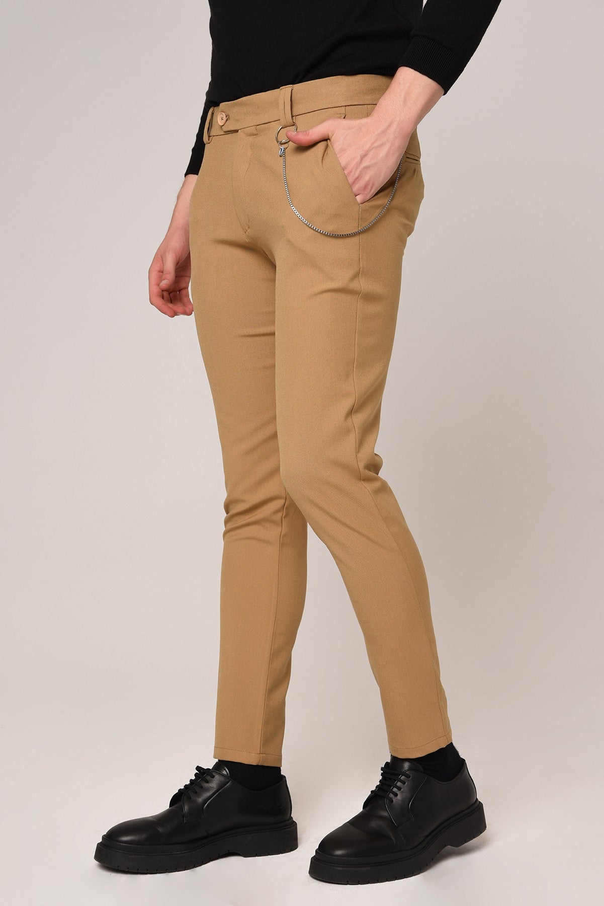 Antioch Siyah Erkek Slim Fit Düz Aksesuarlı Kumaş Pantolon