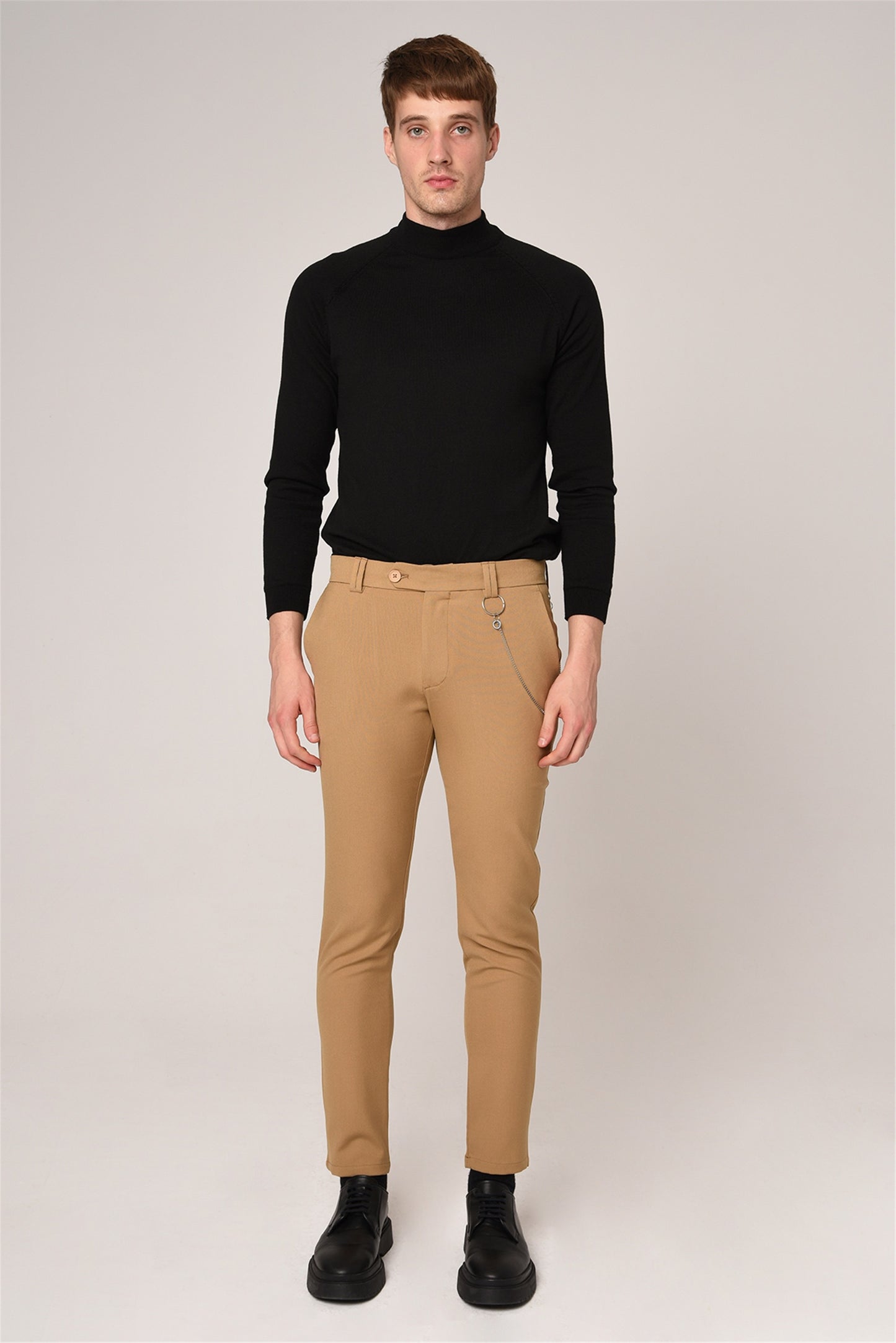 Antioch Siyah Erkek Slim Fit Düz Aksesuarlı Kumaş Pantolon
