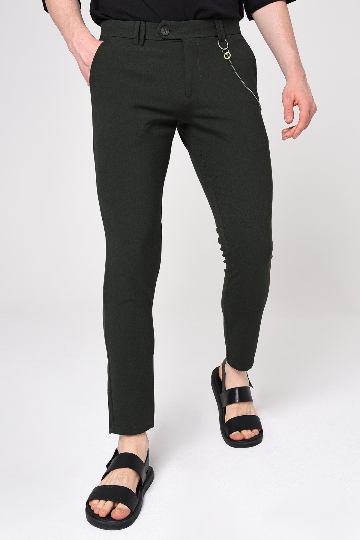 Antioch Siyah Erkek Slim Fit Düz Aksesuarlı Kumaş Pantolon