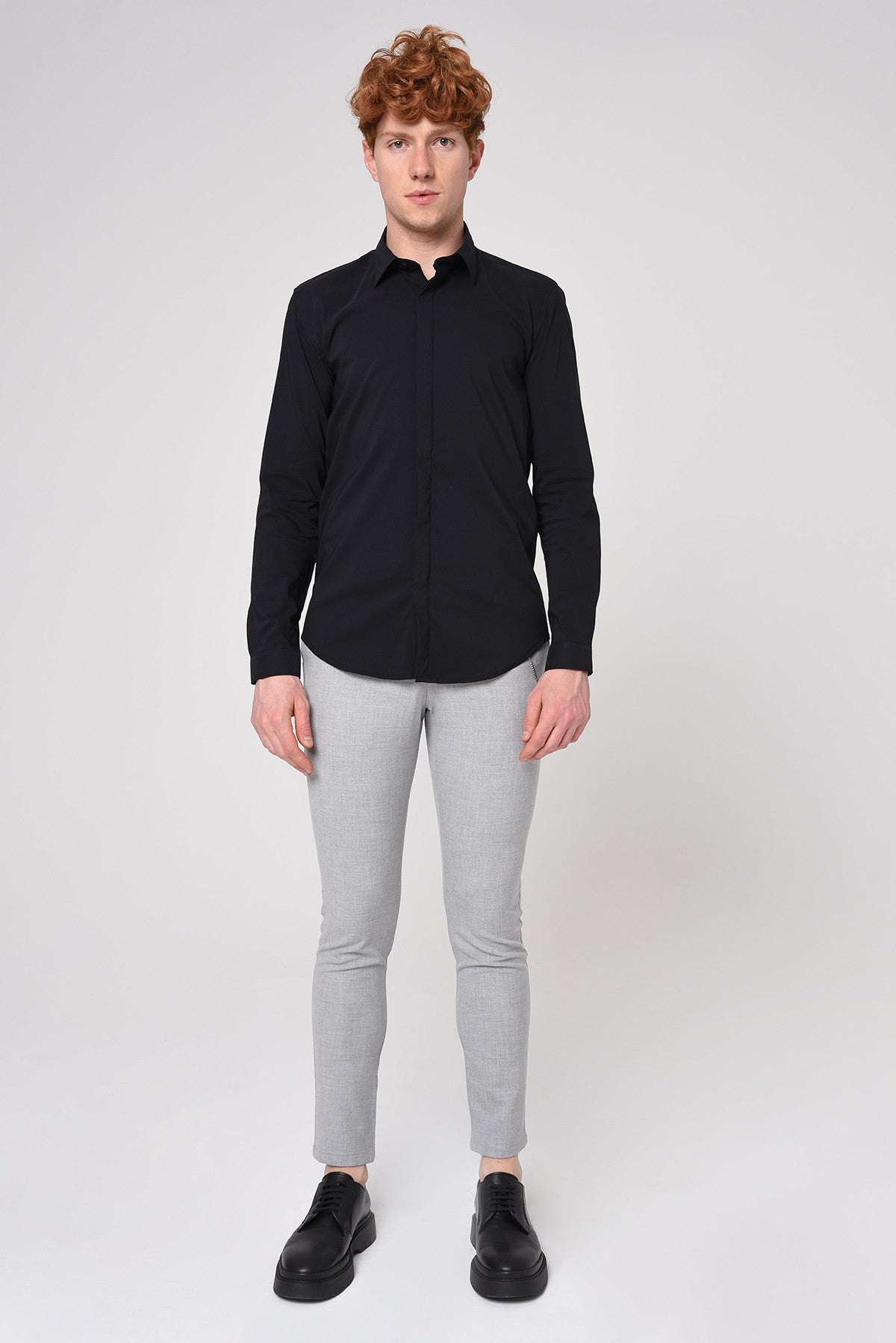 Antioch Siyah Erkek Slim Fit Düz Aksesuarlı Kumaş Pantolon