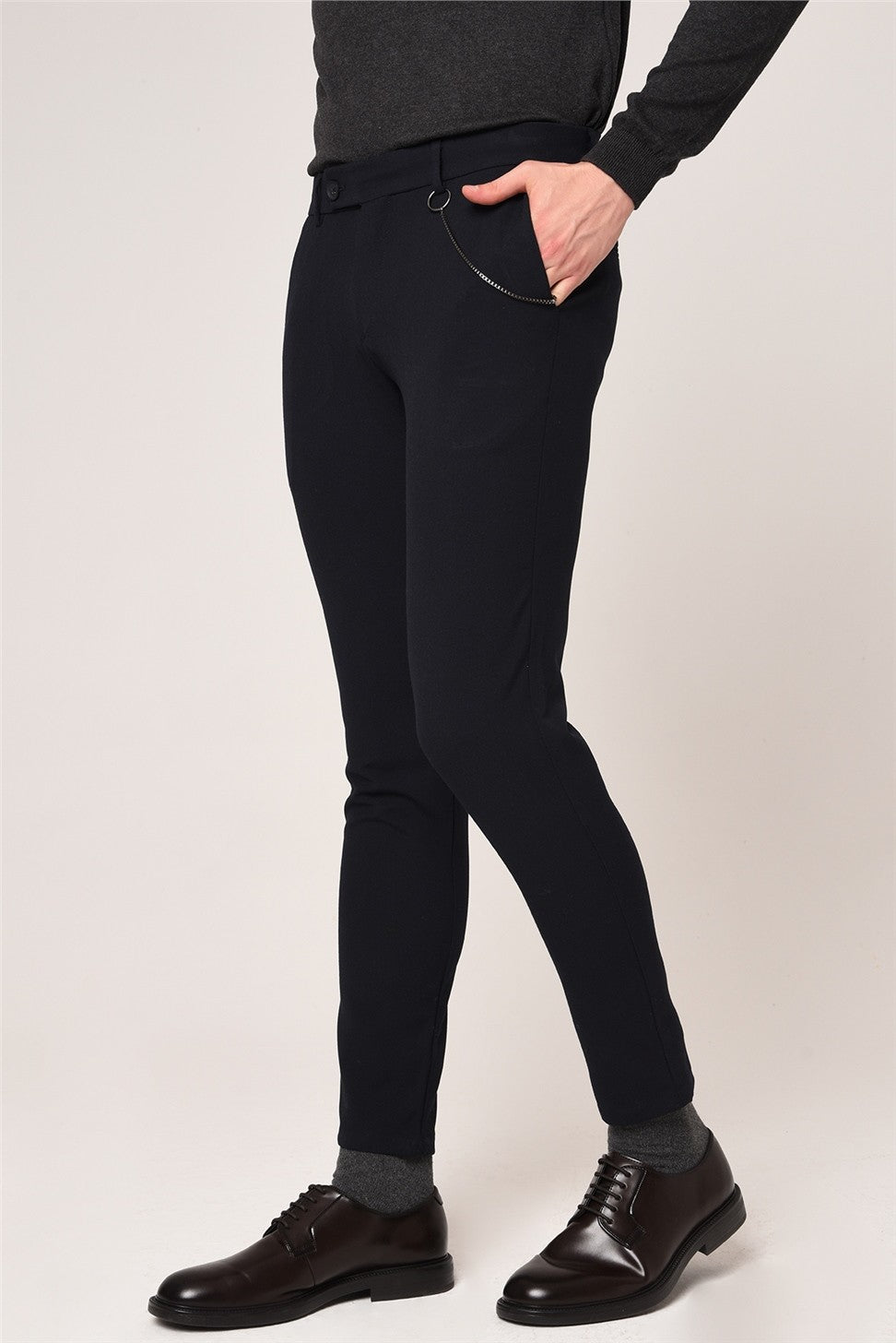 Antioch Siyah Erkek Slim Fit Düz Aksesuarlı Kumaş Pantolon
