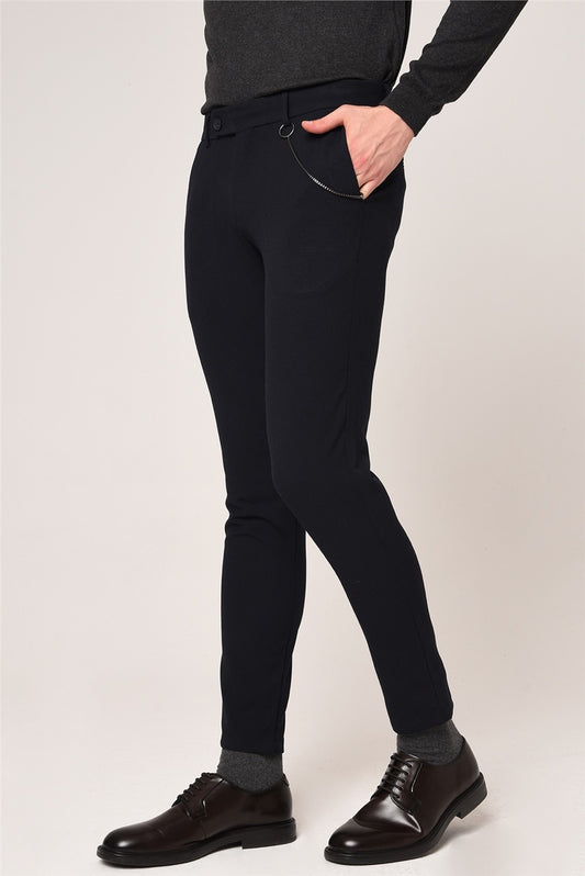 Antioch Siyah Erkek Slim Fit Düz Aksesuarlı Kumaş Pantolon