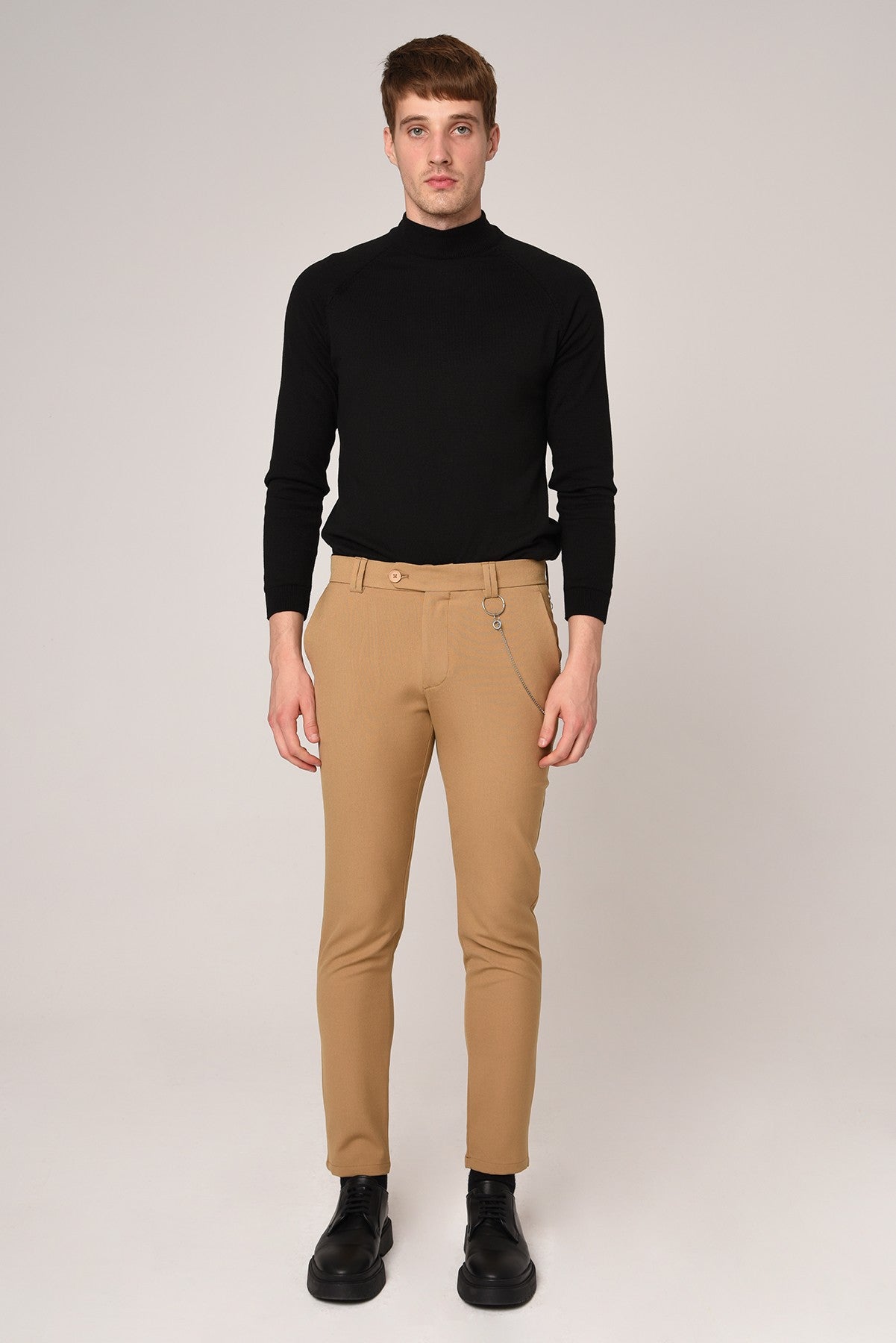Antioch Siyah Erkek Slim Fit Düz Aksesuarlı Kumaş Pantolon