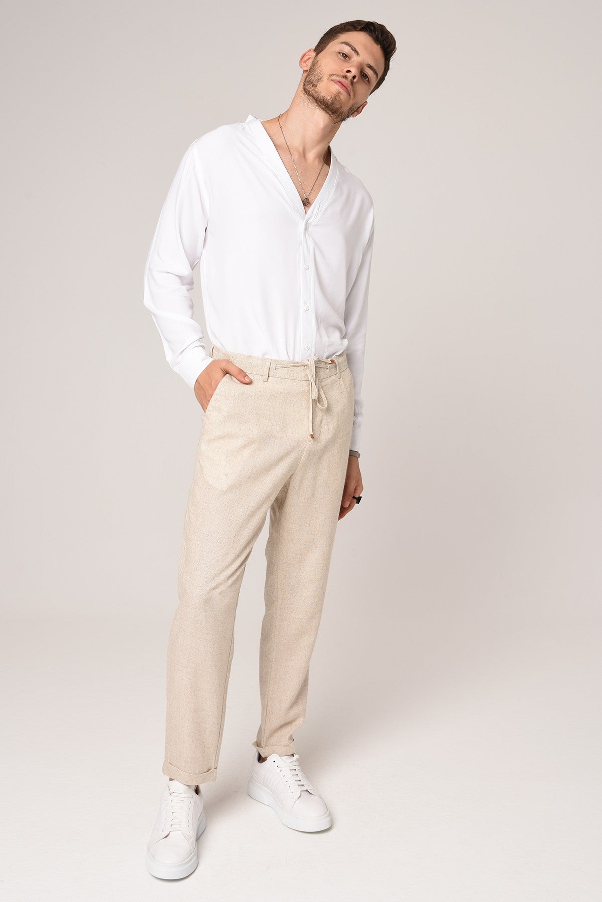 Boyfriend Beli İpli Keten Pantolon