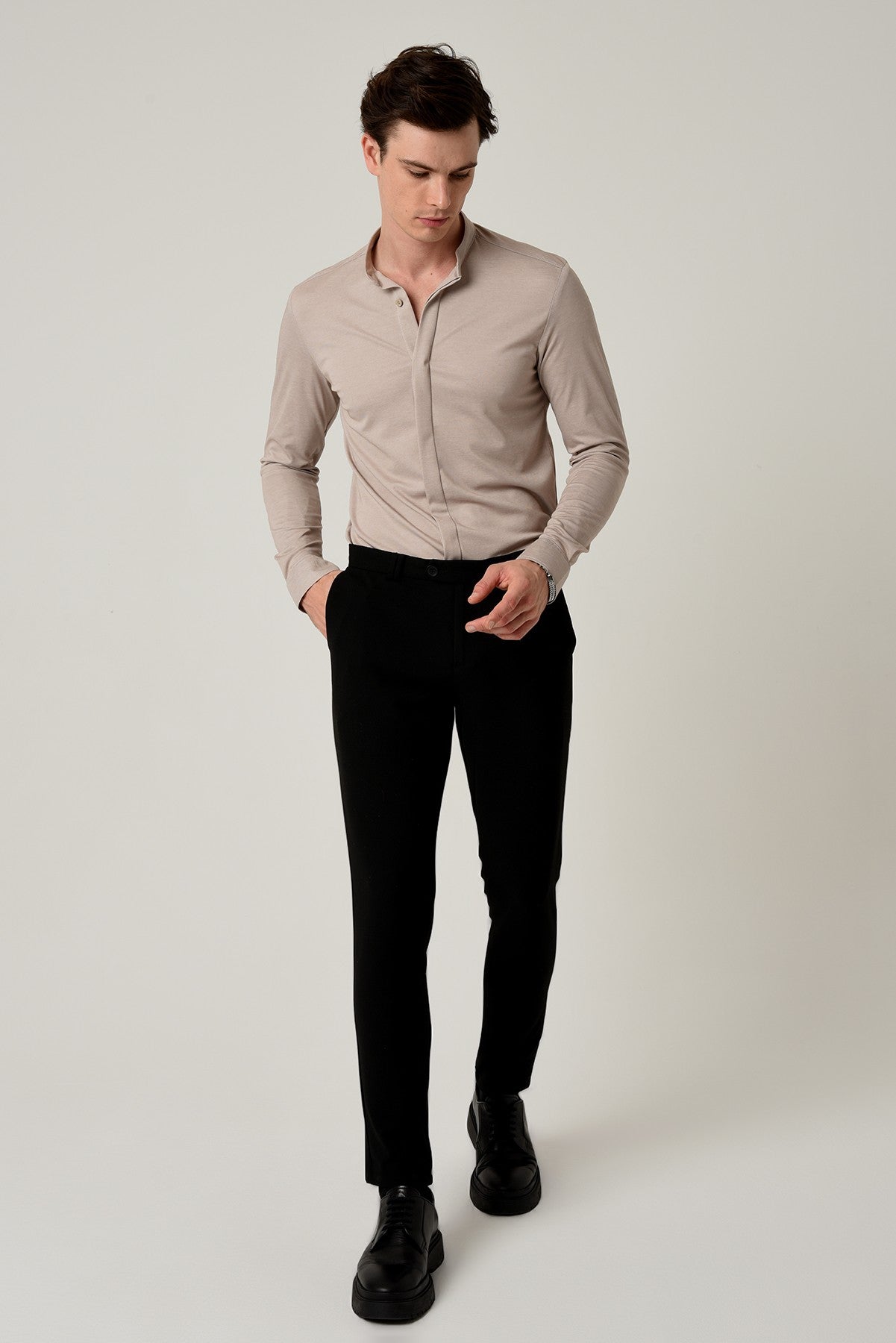 Antioch Erkek Hakim Yaka Gizli Düğme Uzun Kollu Slim Fit Gömlek
