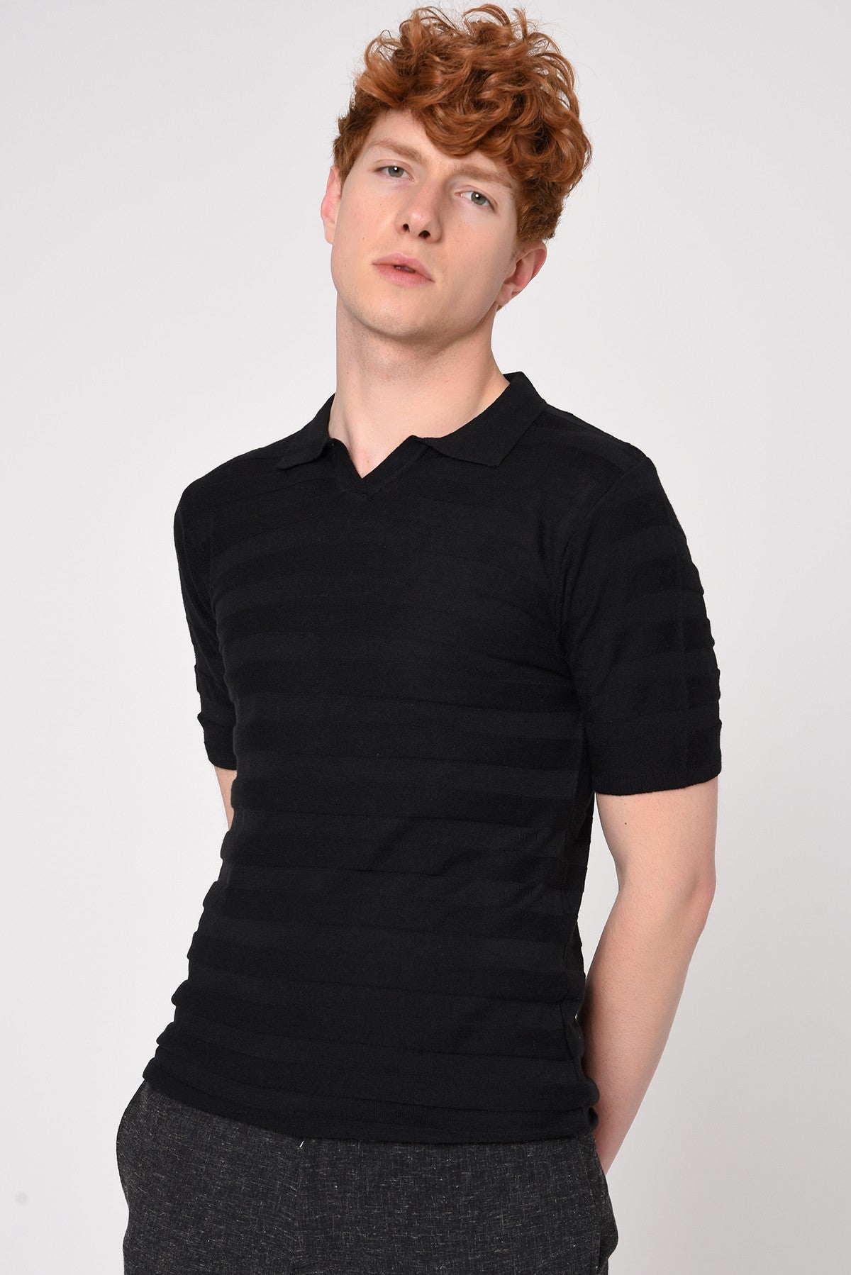 Antioch Siyah Şeritli Polo Yaka Desenli Triko T-Shirt
