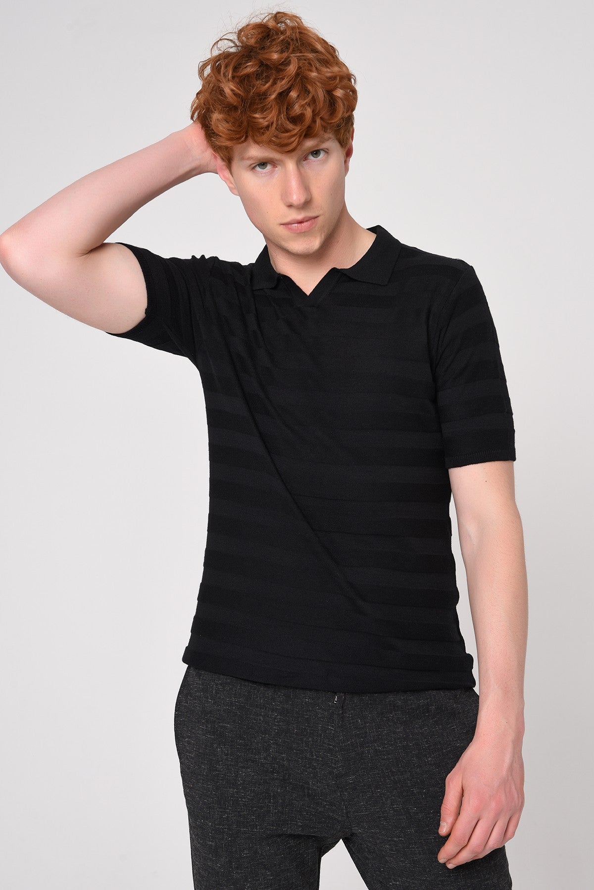 Antioch Siyah Şeritli Polo Yaka Desenli Triko T-Shirt