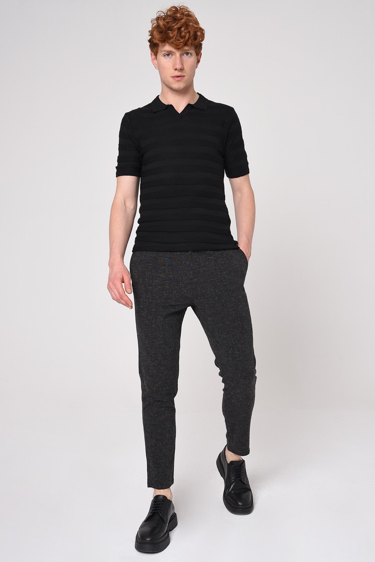 Antioch Siyah Şeritli Polo Yaka Desenli Triko T-Shirt