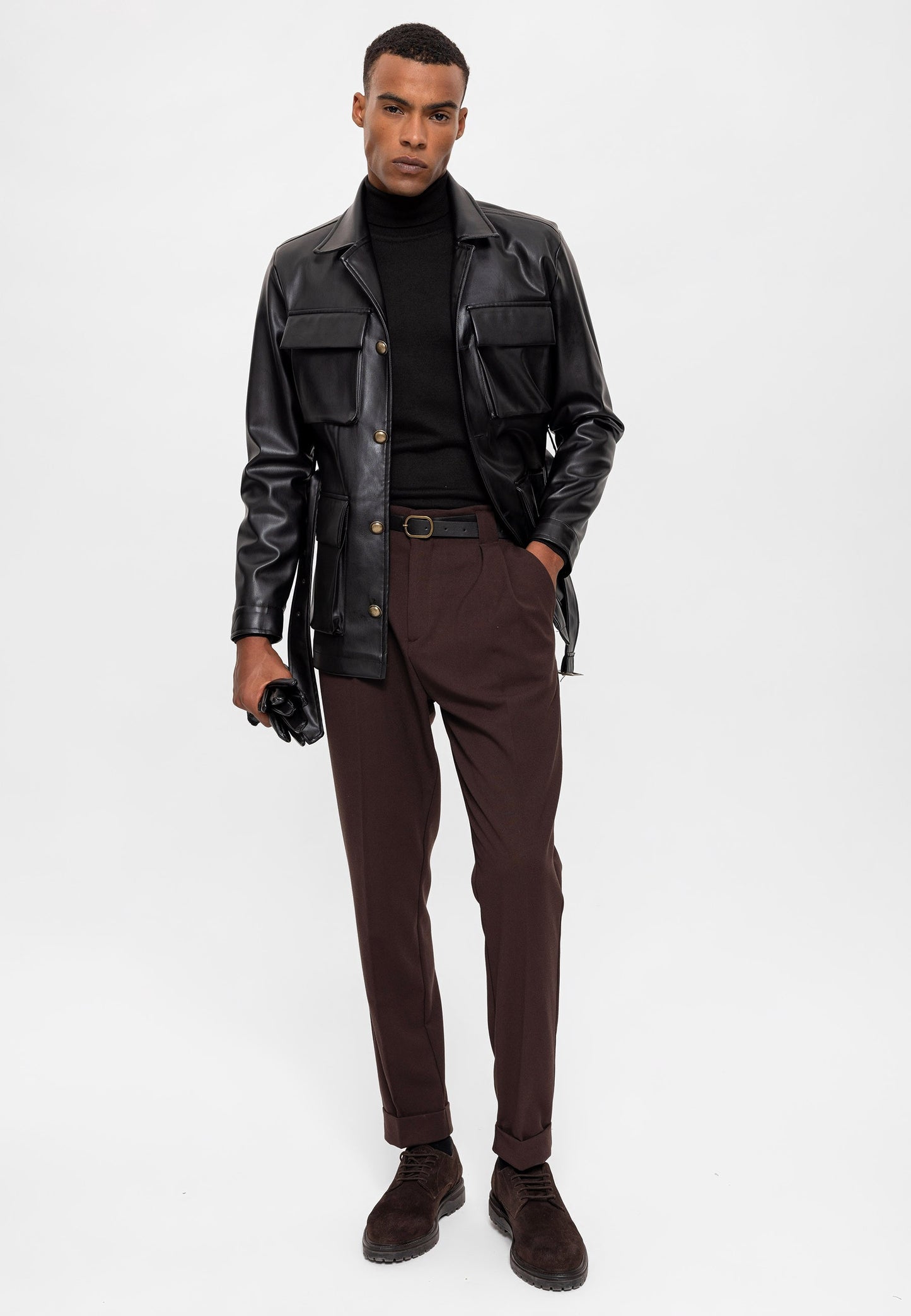 Antioch Slim Fit Kemerli Suni Deri Erkek Mont