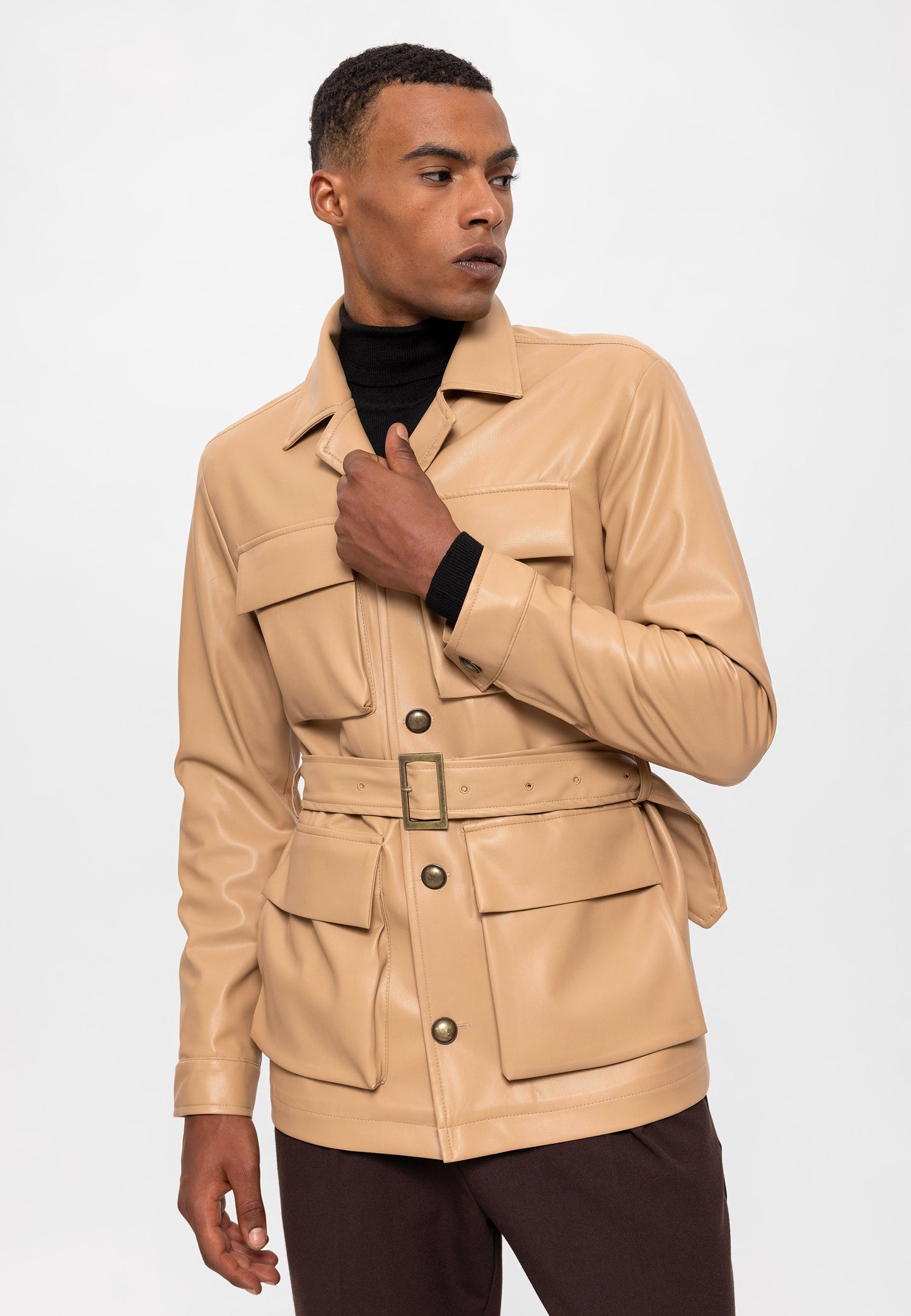 Antioch Slim Fit Kemerli Suni Deri Erkek Mont