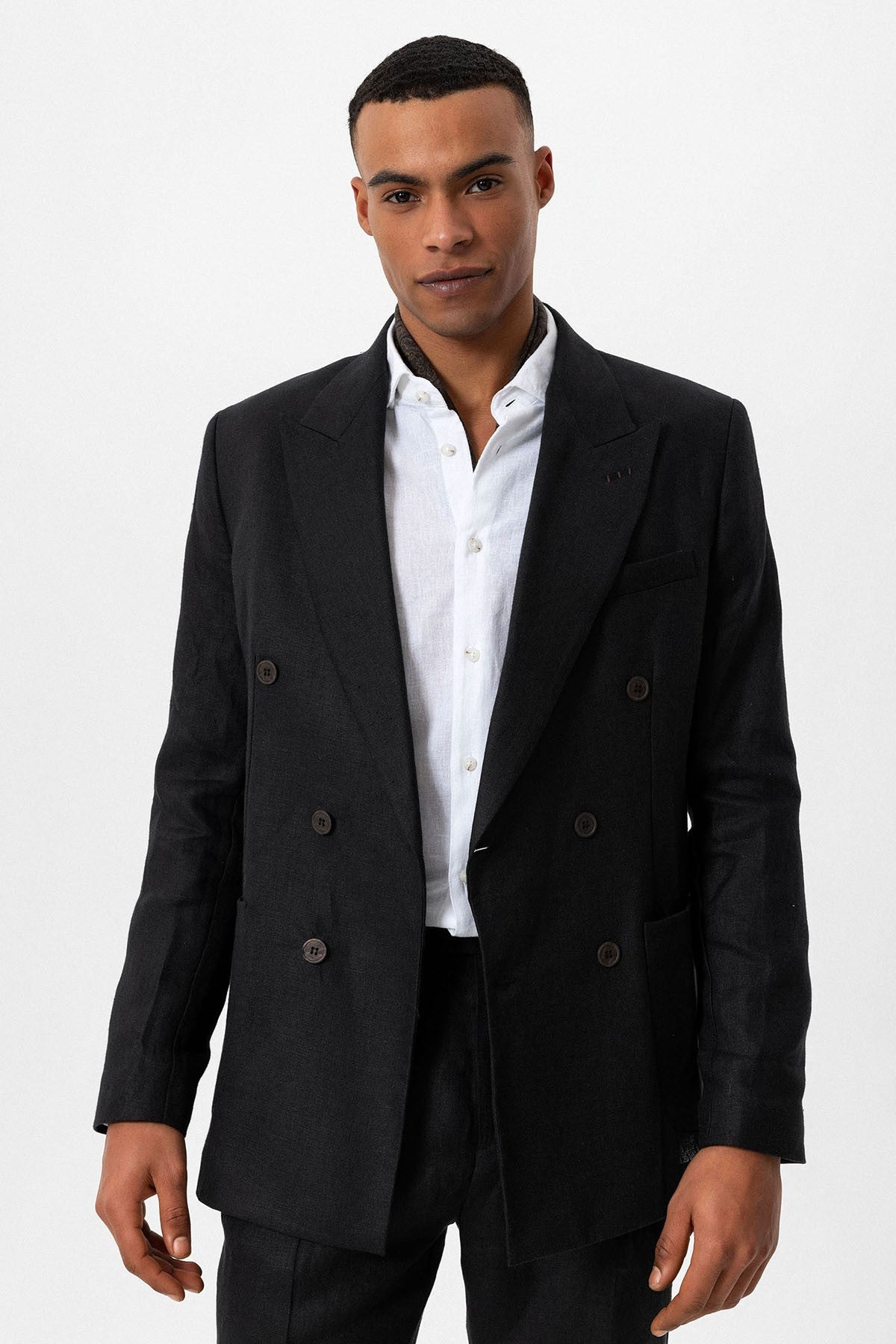 100% Keten Kruvaze Kapama Erkek Blazer Ceket