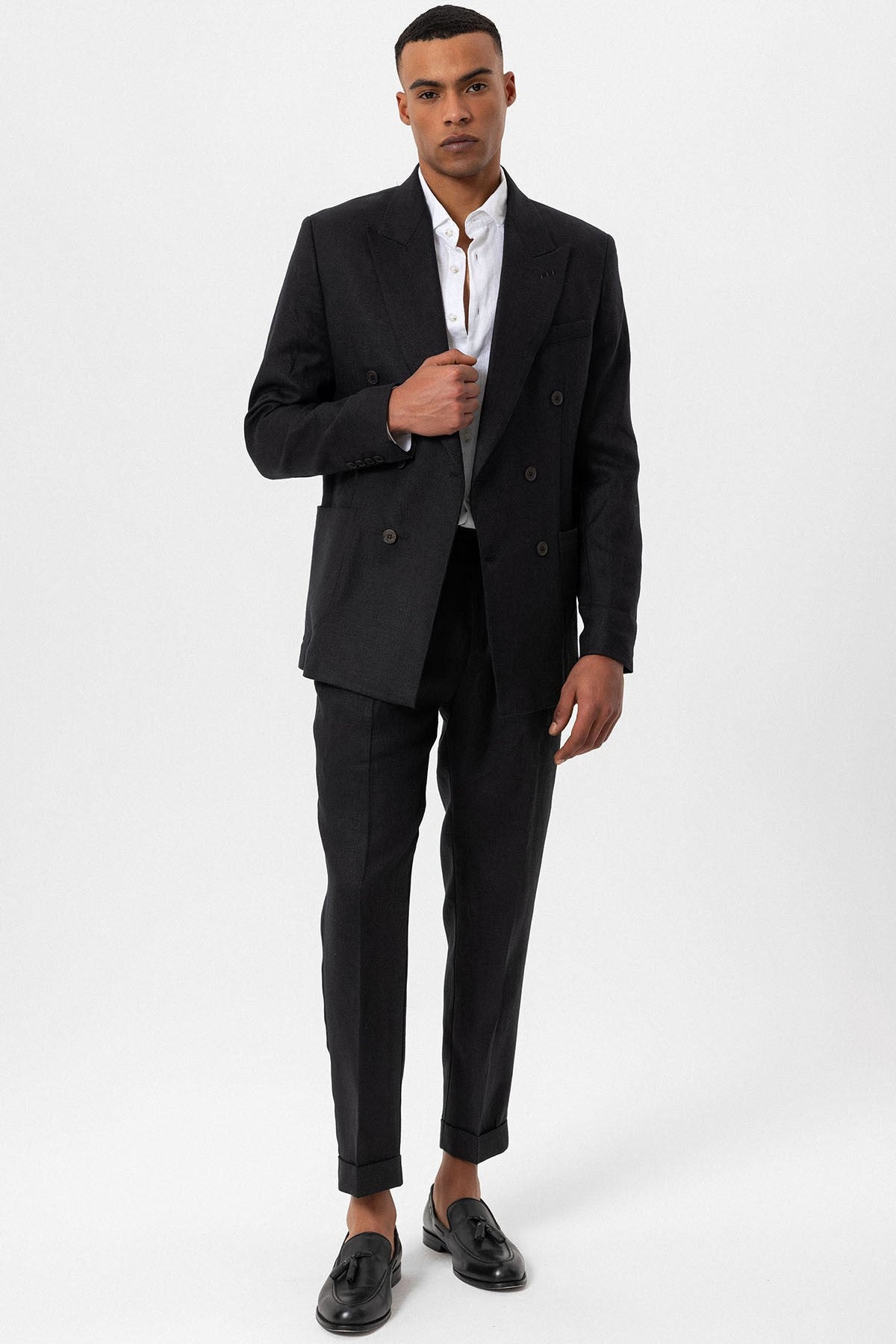 100% Keten Kruvaze Kapama Erkek Blazer Ceket