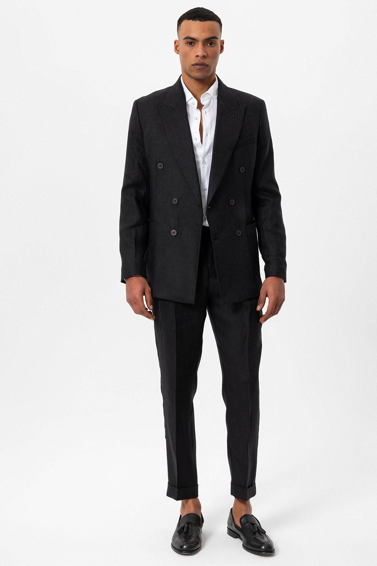 100% Keten Kruvaze Kapama Erkek Blazer Ceket