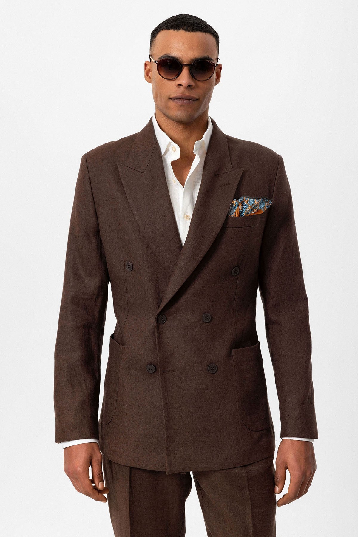 100% Keten Kruvaze Kapama Erkek Blazer Ceket