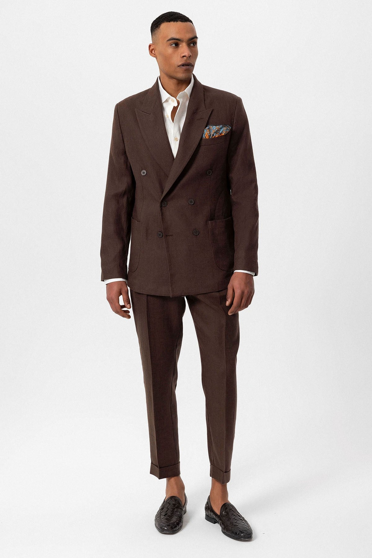 100% Keten Kruvaze Kapama Erkek Blazer Ceket