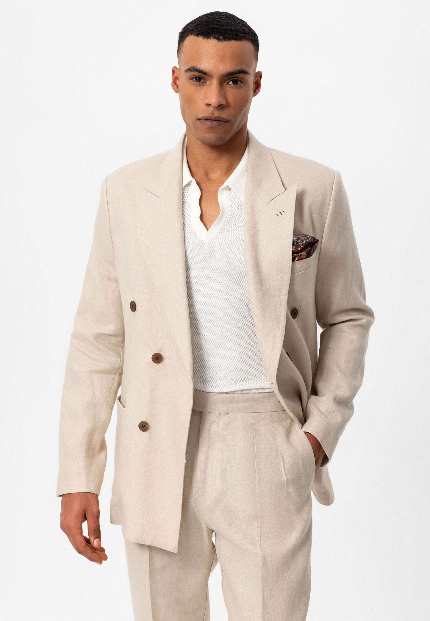 100% Keten Kruvaze Kapama Erkek Blazer Ceket
