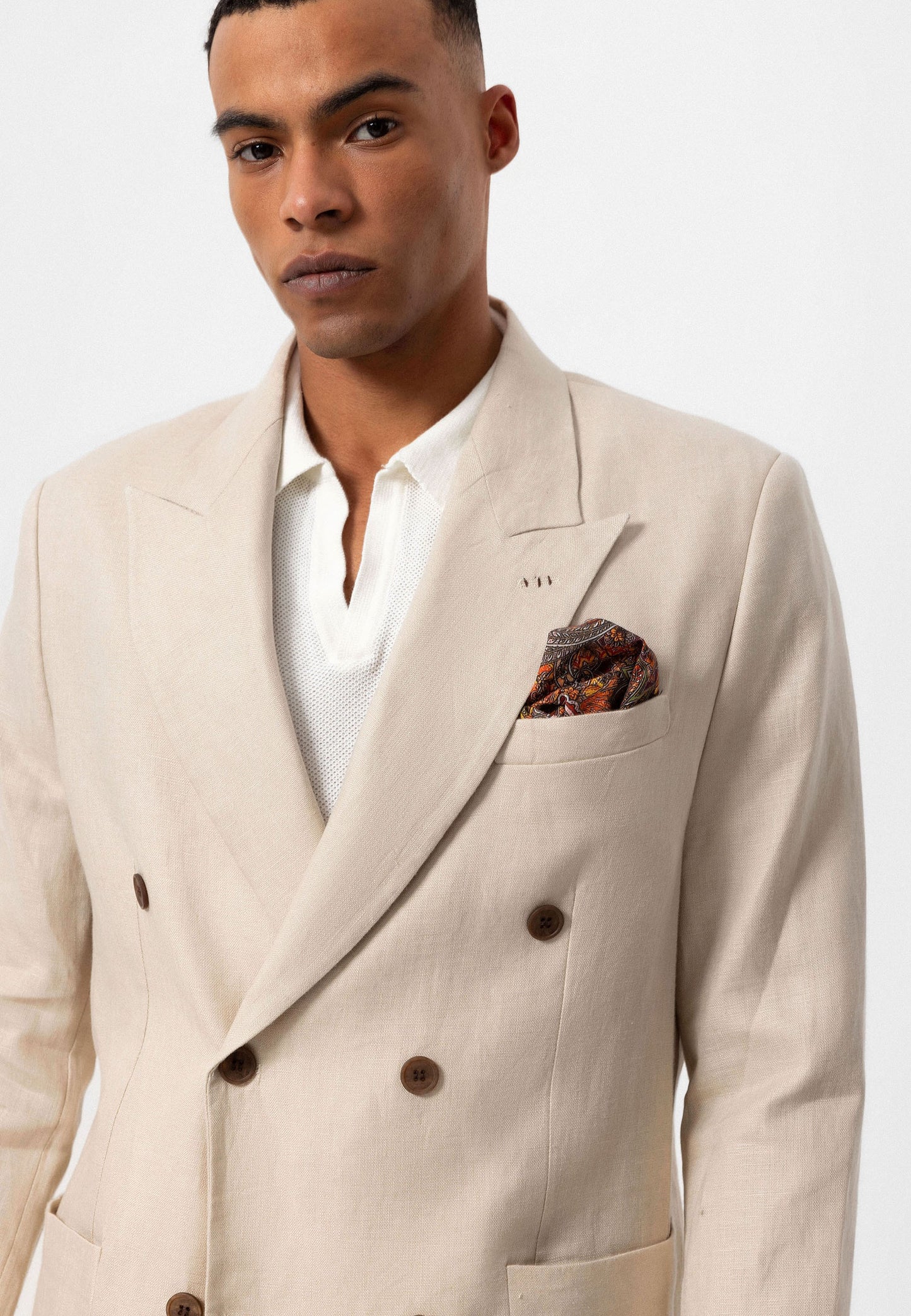 100% Keten Kruvaze Kapama Erkek Blazer Ceket
