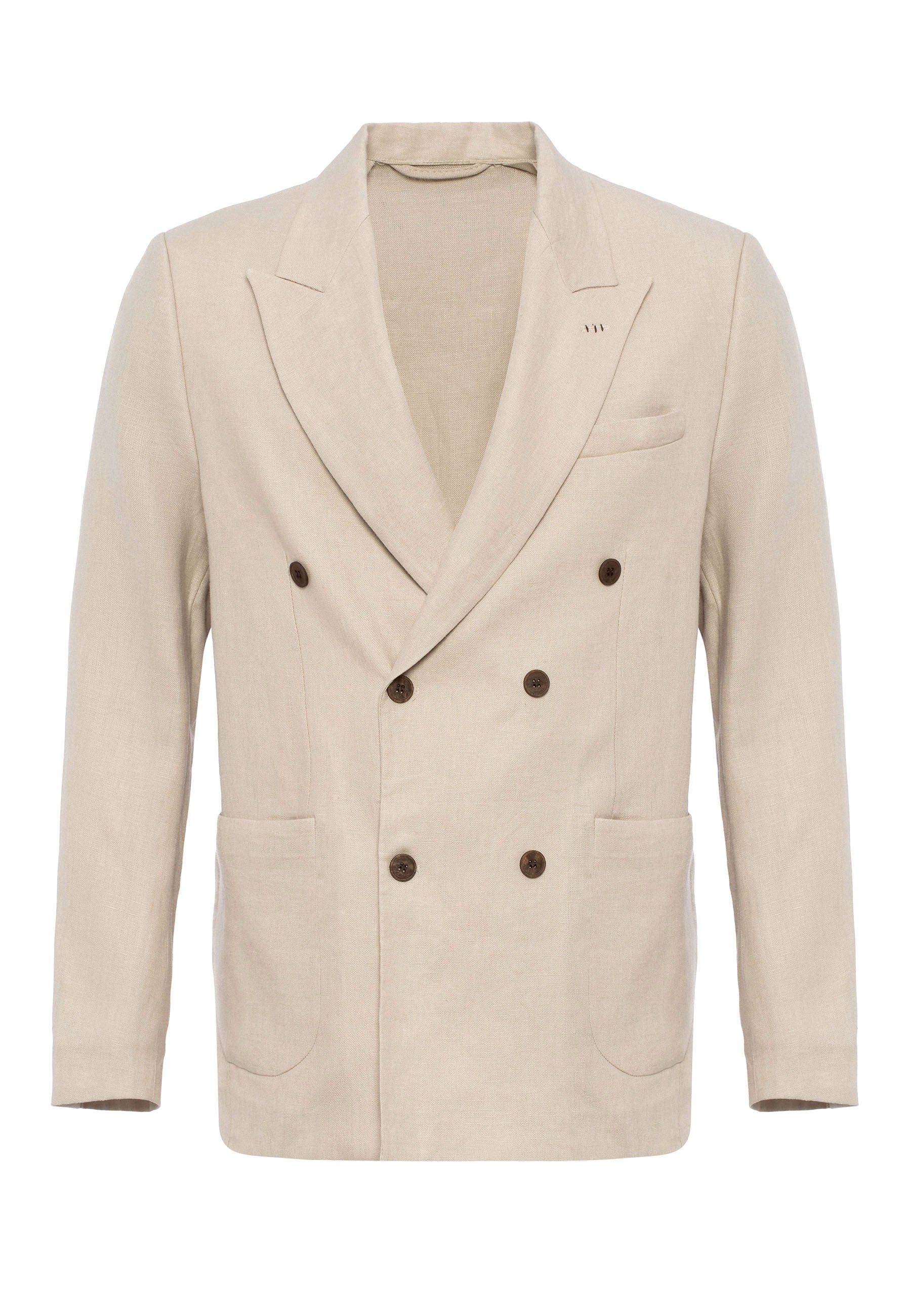 100% Keten Kruvaze Kapama Erkek Blazer Ceket