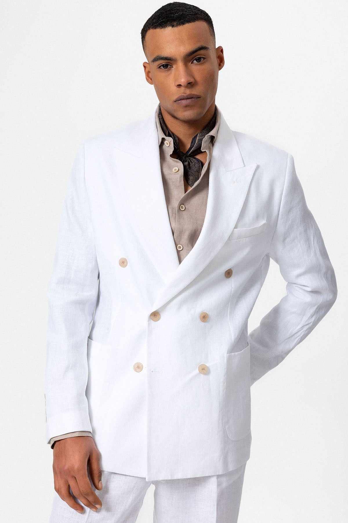 100% Keten Kruvaze Kapama Erkek Blazer Ceket