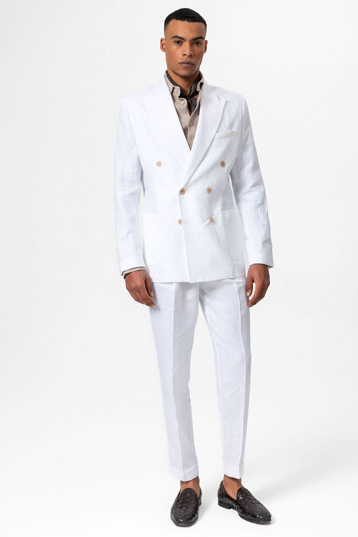 100% Keten Kruvaze Kapama Erkek Blazer Ceket