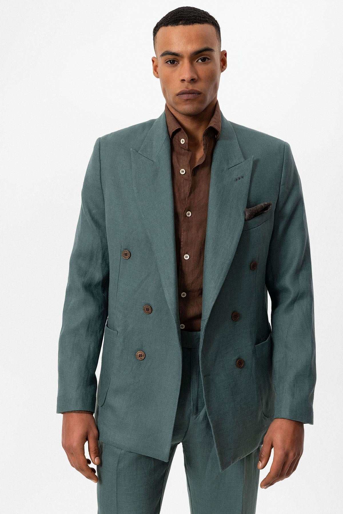 100% Keten Kruvaze Kapama Erkek Blazer Ceket