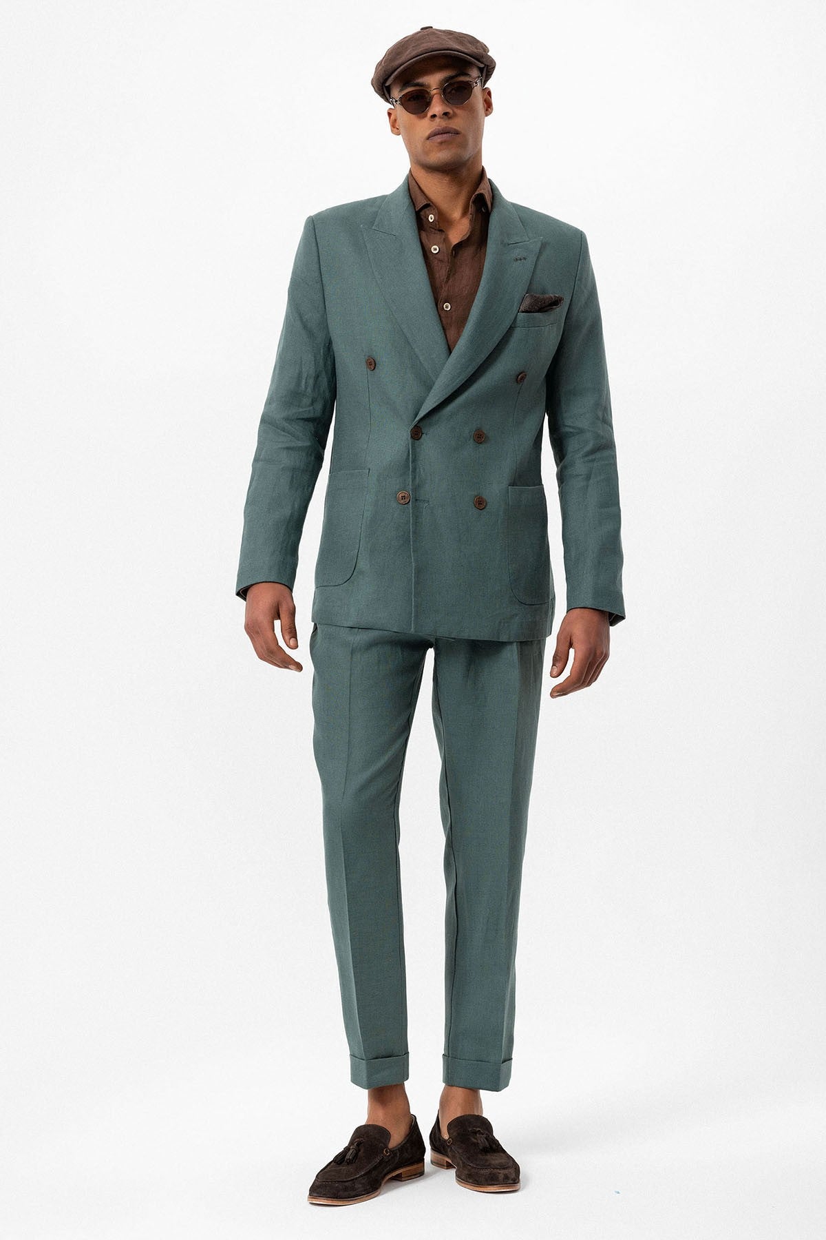 100% Keten Kruvaze Kapama Erkek Blazer Ceket