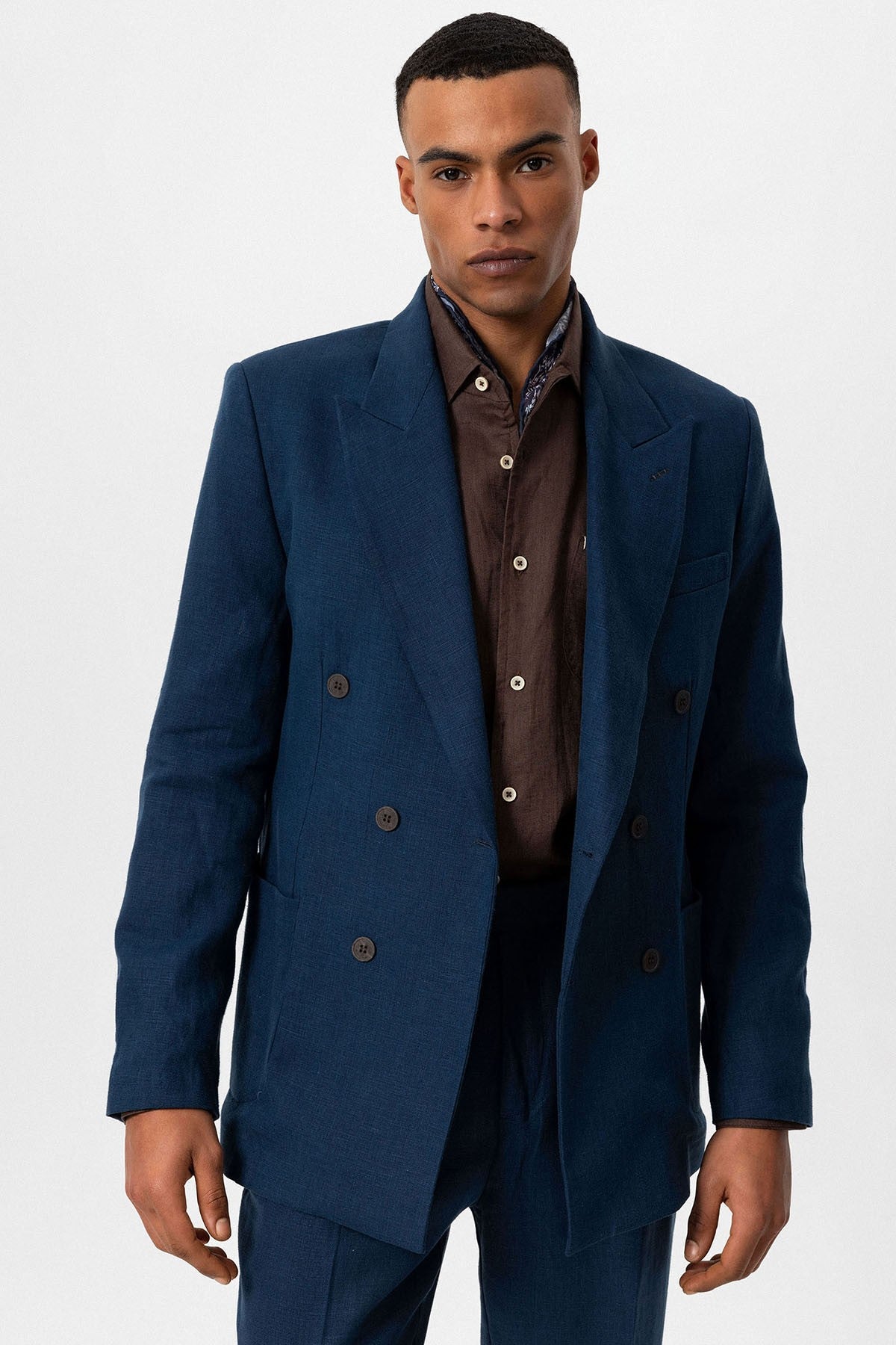 100% Keten Kruvaze Kapama Erkek Blazer Ceket