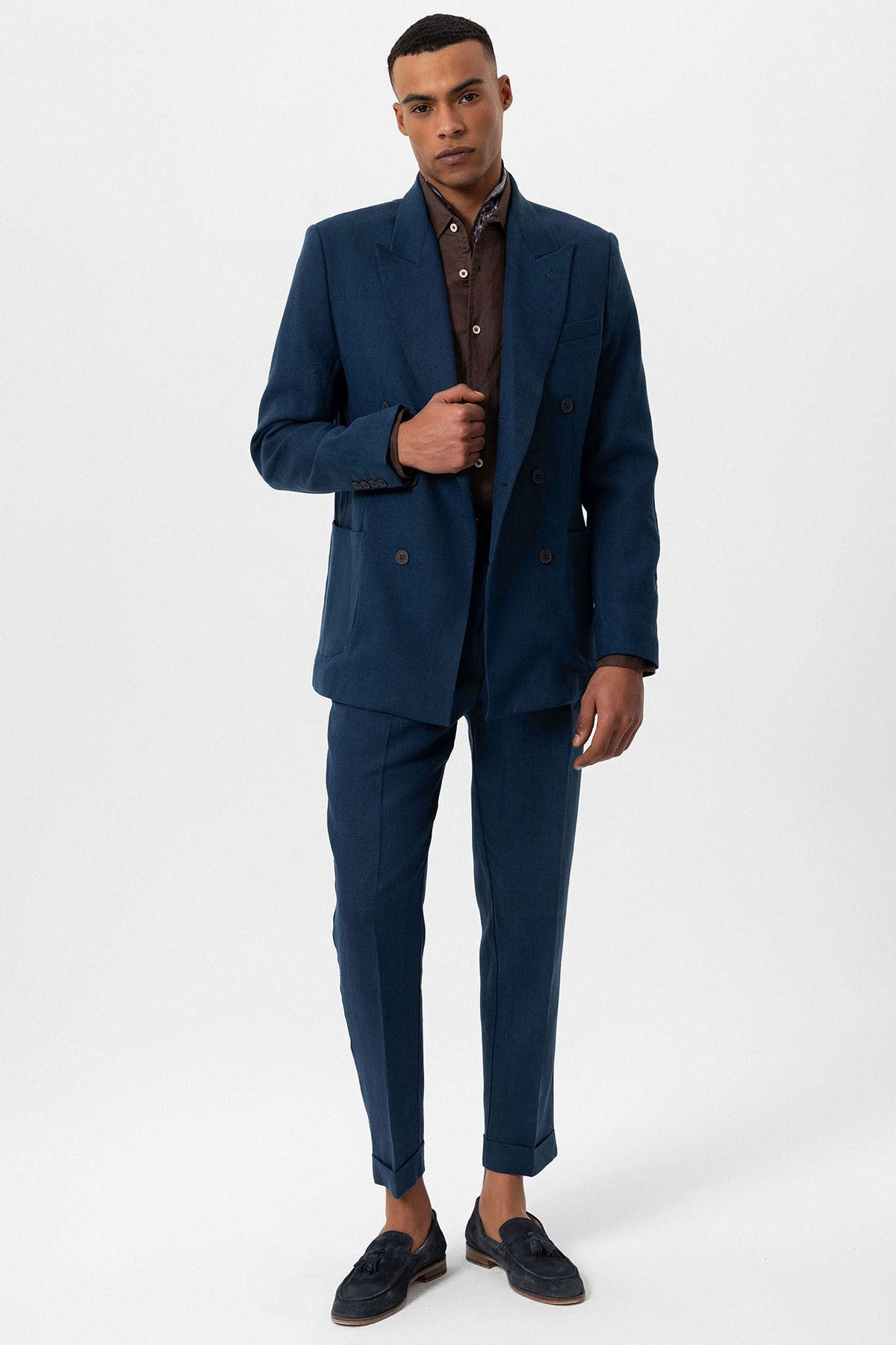 100% Keten Kruvaze Kapama Erkek Blazer Ceket