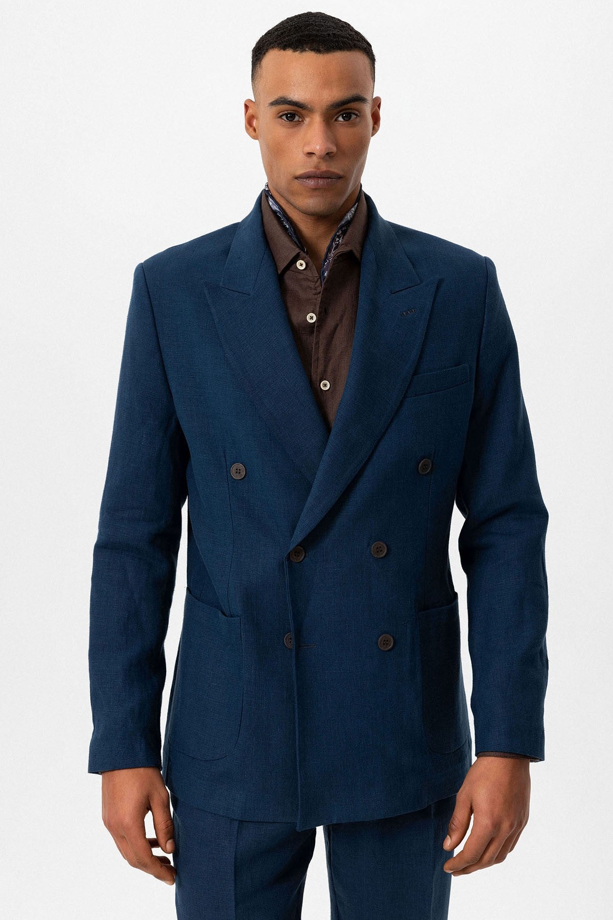 100% Keten Kruvaze Kapama Erkek Blazer Ceket