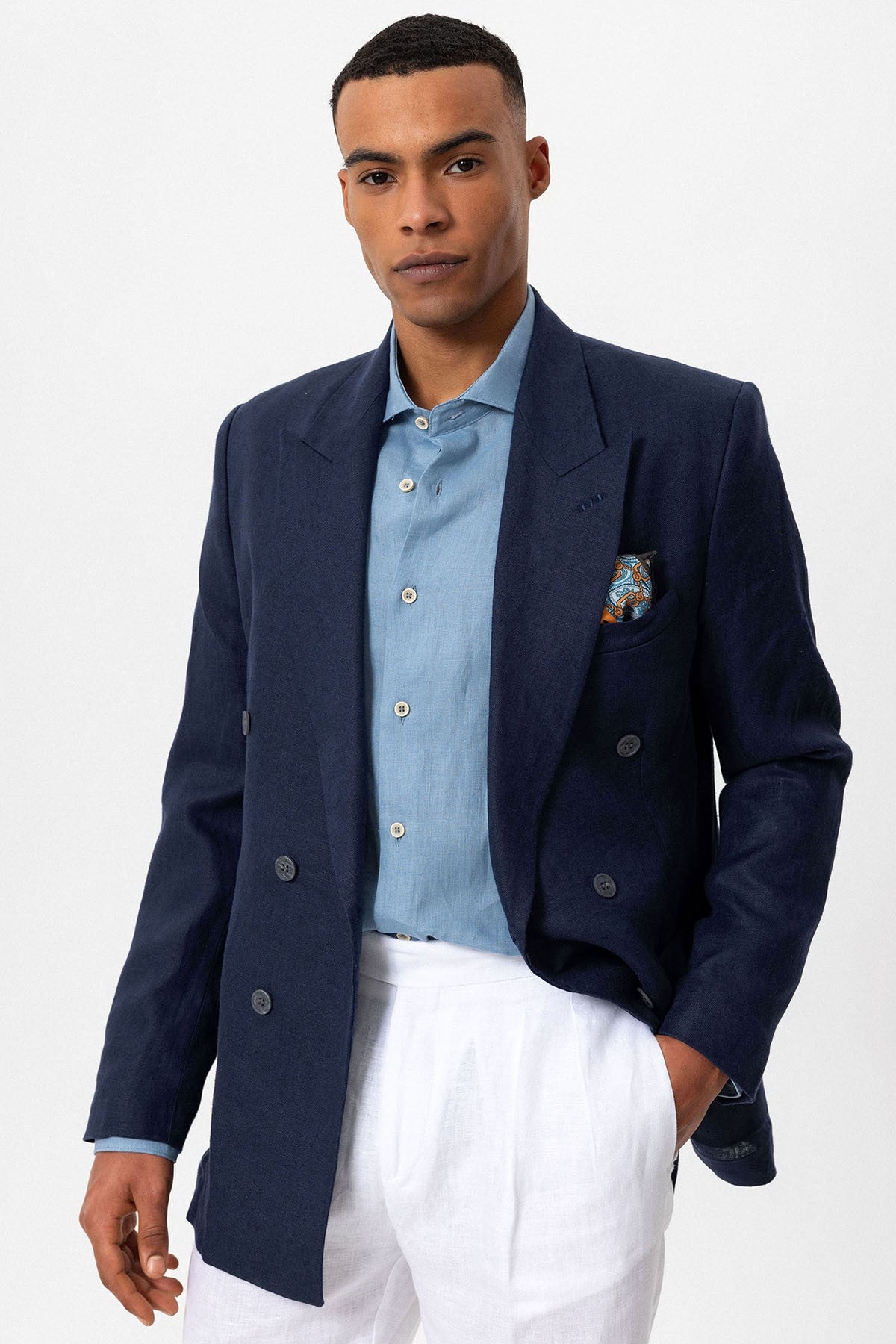 100% Keten Kruvaze Kapama Erkek Blazer Ceket