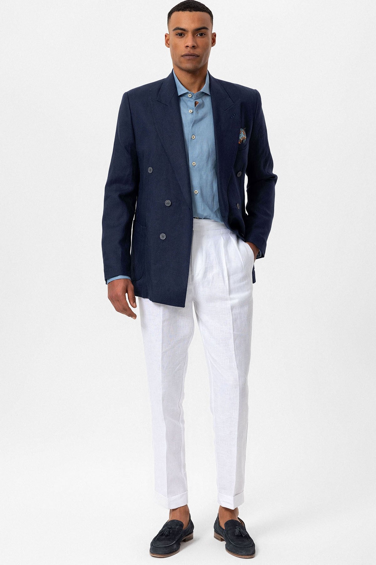 100% Keten Kruvaze Kapama Erkek Blazer Ceket
