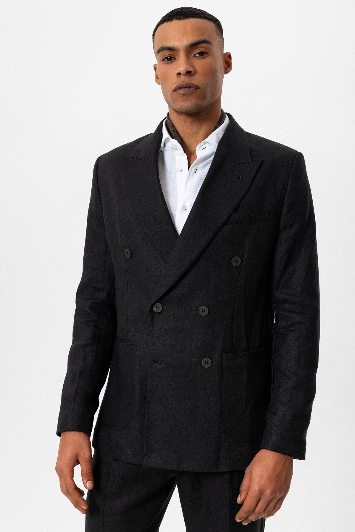 100% Keten Kruvaze Kapama Erkek Blazer Ceket