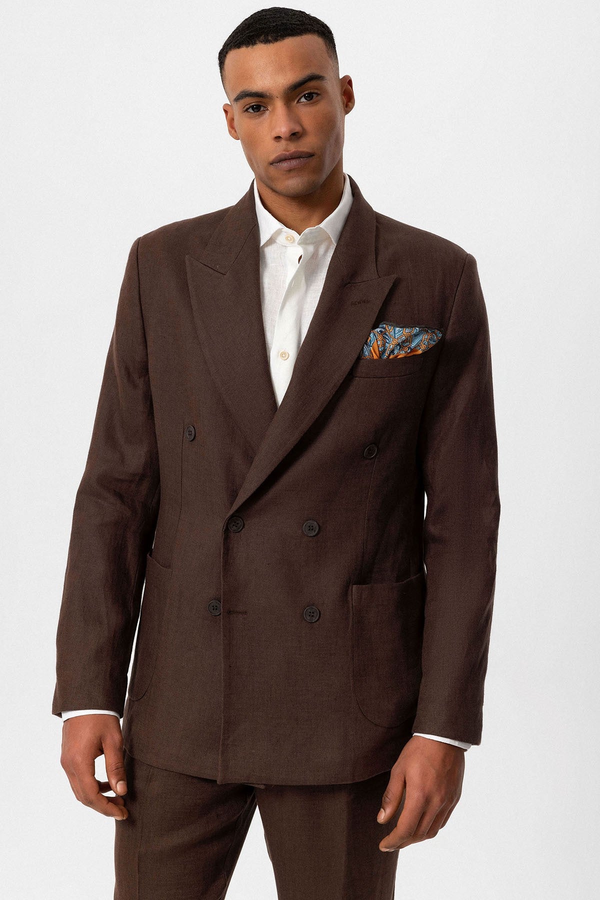 100% Keten Kruvaze Kapama Erkek Blazer Ceket