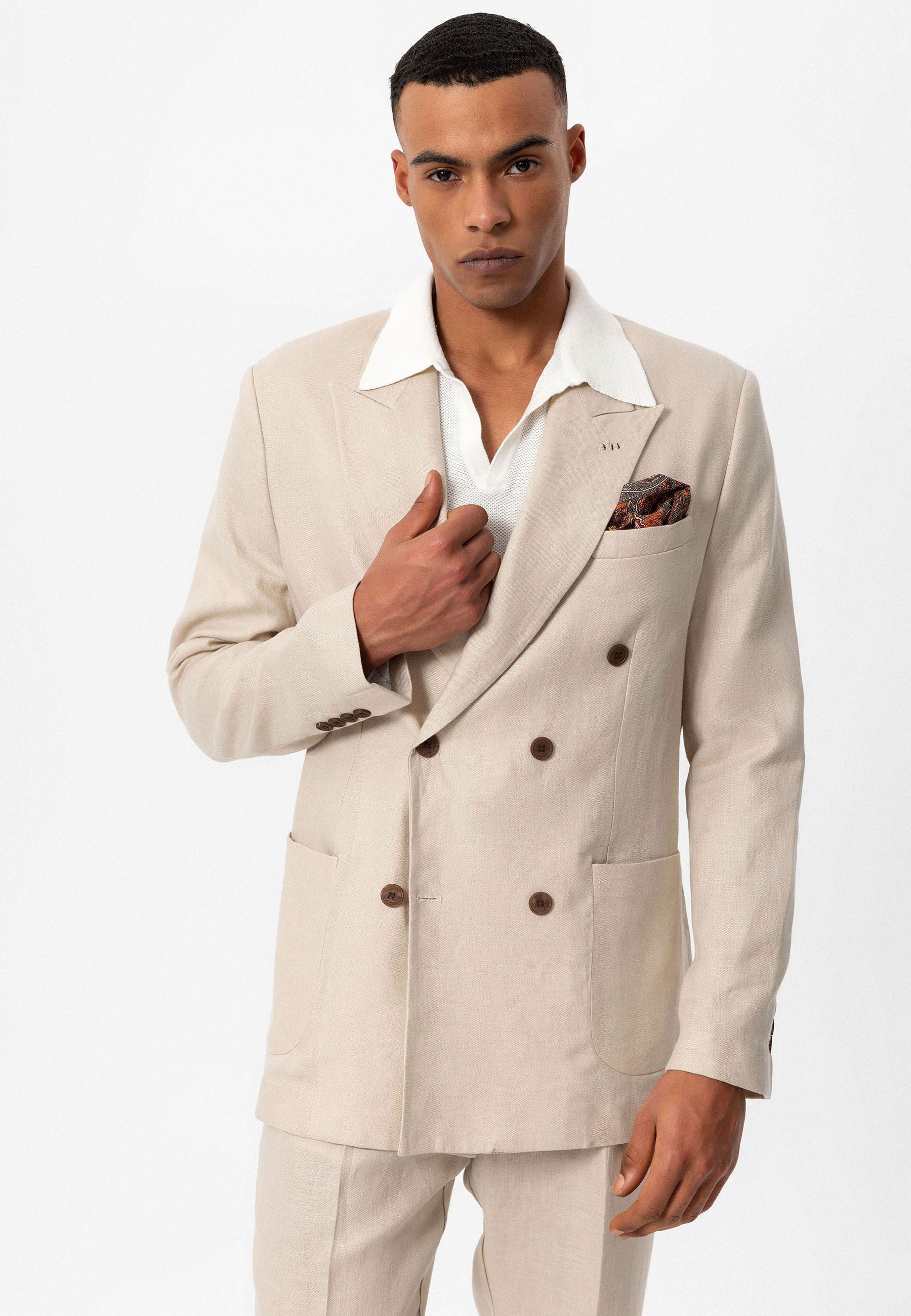100% Keten Kruvaze Kapama Erkek Blazer Ceket