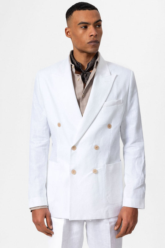 100% Keten Kruvaze Kapama Erkek Blazer Ceket